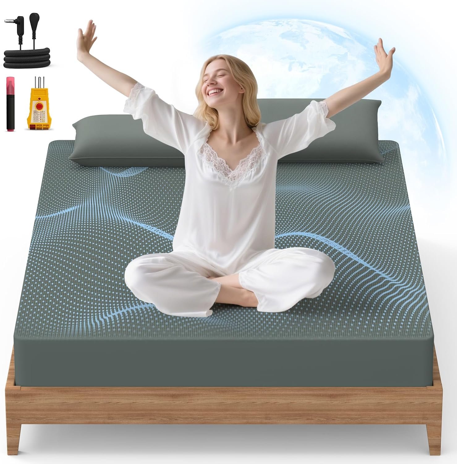 HOMLYNS RelaxRite Grounding Sheets Queen Size, 95% Cotton + 5% Pure Silver Fiber, Fitted Bed Sheet with Deep Pocket Up to 15”, Earthing Mattress Pad with Grounding Cord