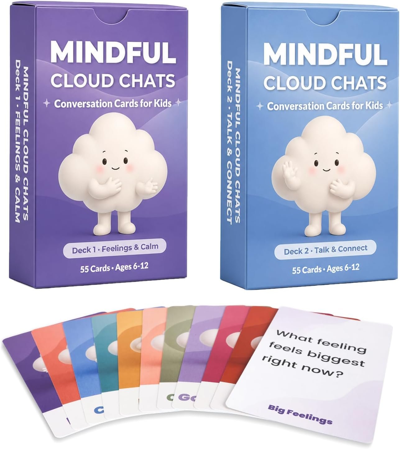 Mindful Cloud Chats Conversation Cards for Kids – 108 Feelings & Calm + Talk & Connect Mindfulness Cards – Family Talk Game, SEL Classroom Supplies, Therapeutic tools for Parents, Teachers, Counselors