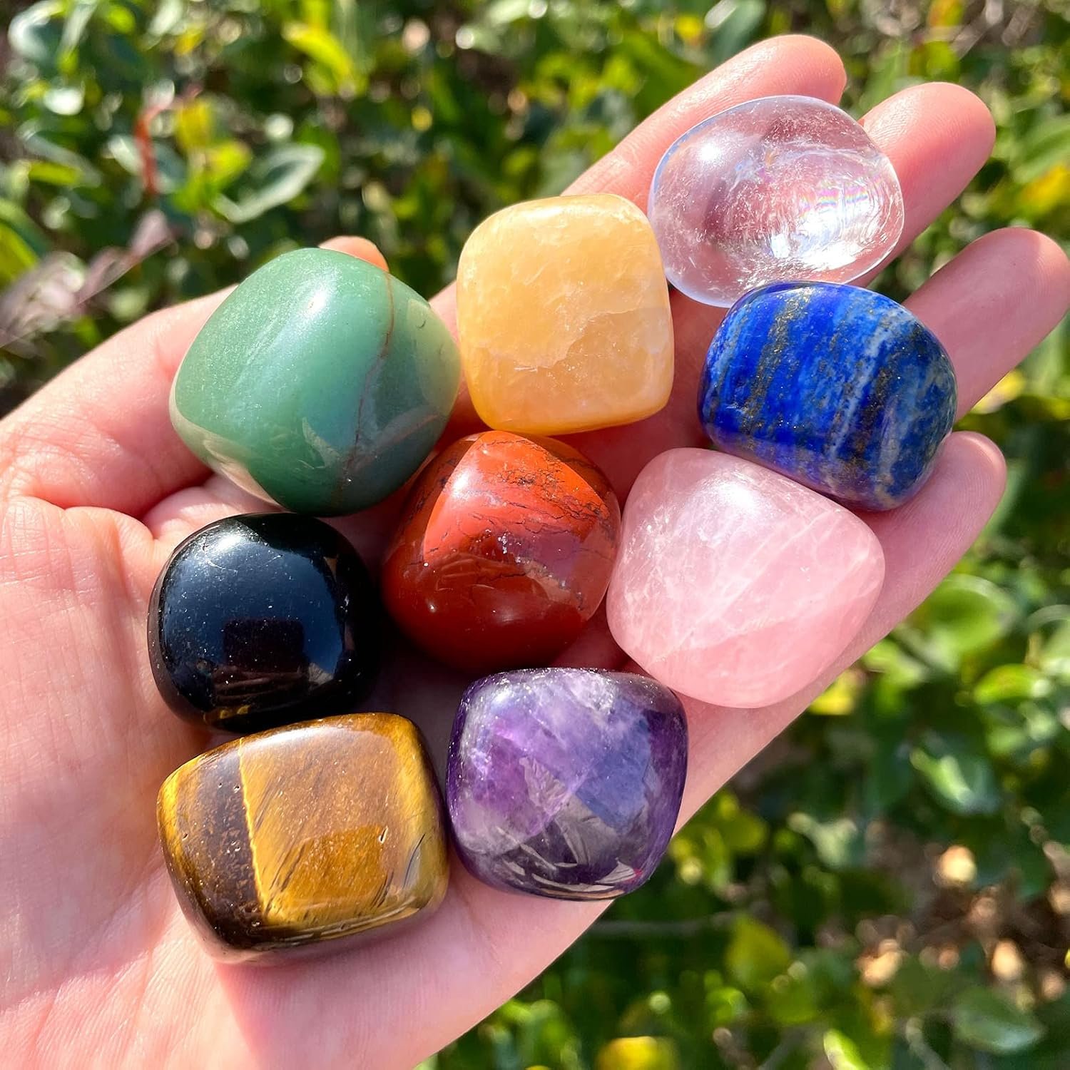 ZenQ Chakra Stones Healing Crystals-Tumbled Amethyst, Rose Quartz, Black Obsidian, Clear Quartz, Tigers Eye, Green Aventurine, Red Jasper, Lapis Lazuli Yellow Jade for Energy Crystal Healing