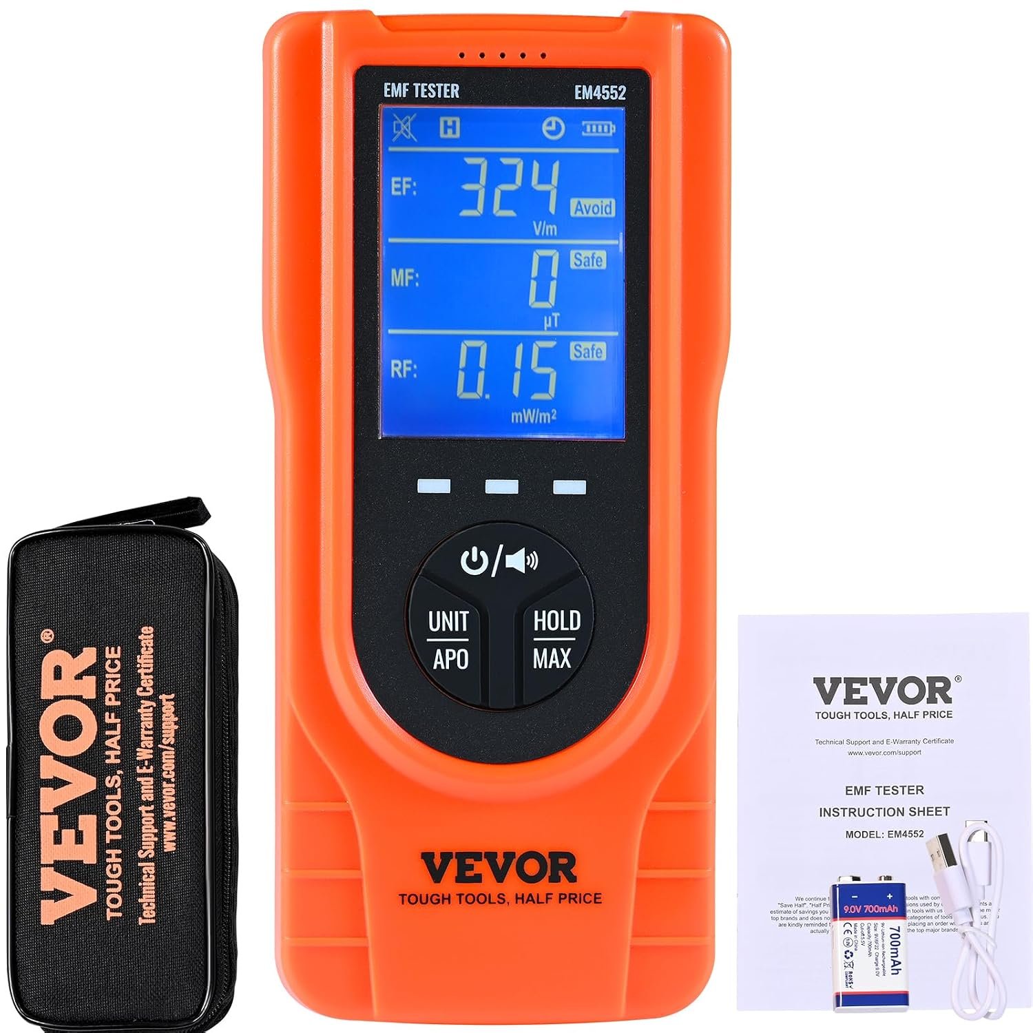 VEVOR 3-in-1 EMF Meter, 5Hz – 3.5GHz, Handheld Rechargeable Electromagnetic Field Radiation Detector, Digital LCD EMF Tester for EF MF RF Home Inspections Outdoor Ghost Hunting Paranormal Equipment