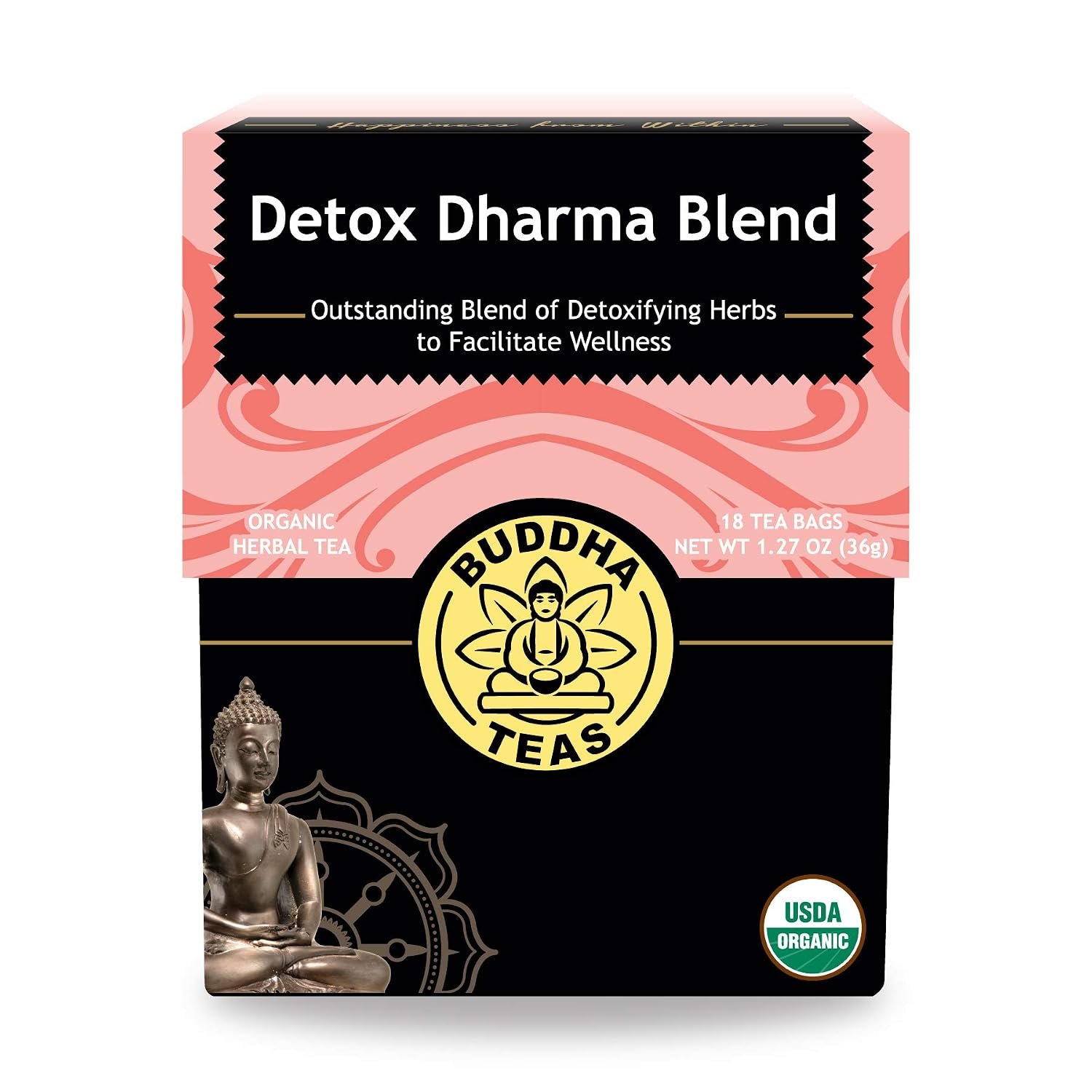 Buddha TeasBuddha Teas – Organic Detox Dharma Blend – Herbal Tea – For Health & Wellbeing – With Antioxidants & Minerals – Clean Ingredients – Caffeine Free – OU Kosher & Non-GMO – 18 Tea Bags (Pack of 1)