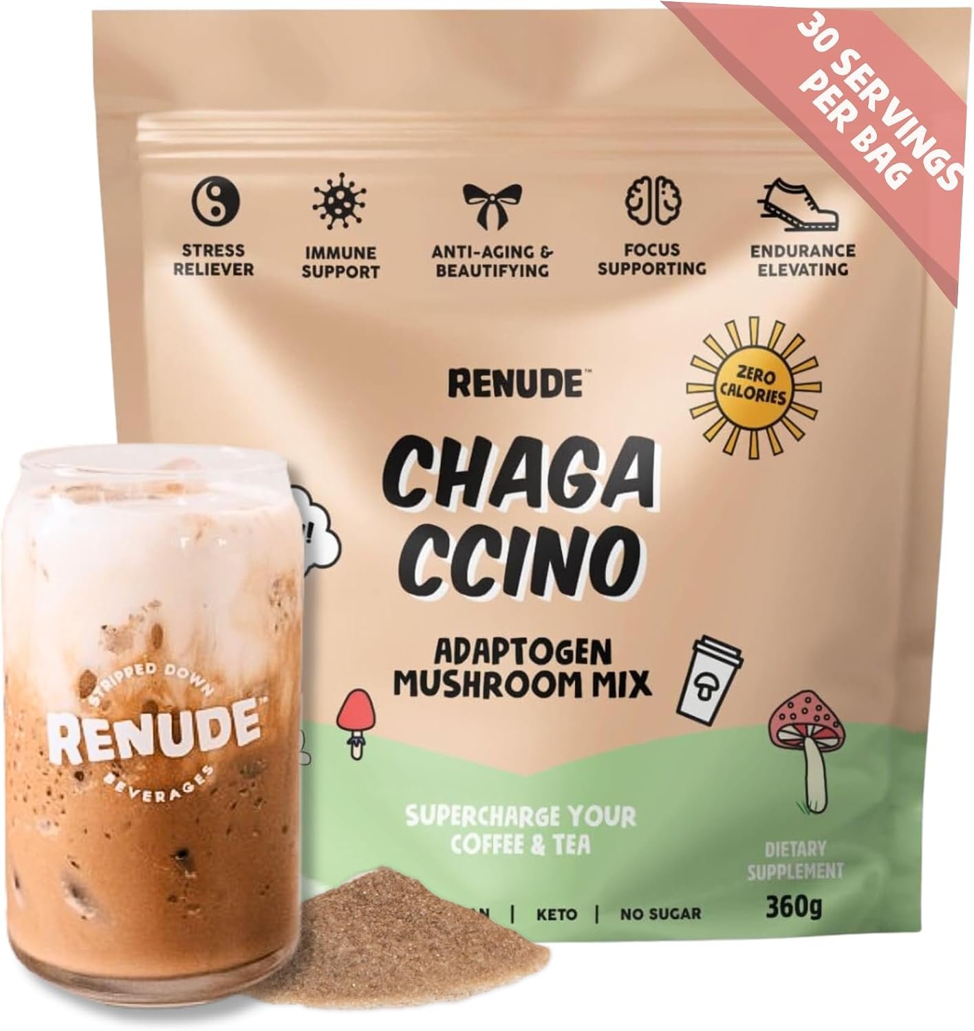 Renude Chagaccino – Chaga Mushroom Powder, Mushroom Coffee Drink Mix with Adaptogens, Natural Energy and Immune Support, Vegan, Keto, Zero Calorie Mushroom Blend Powder – 30 Servings