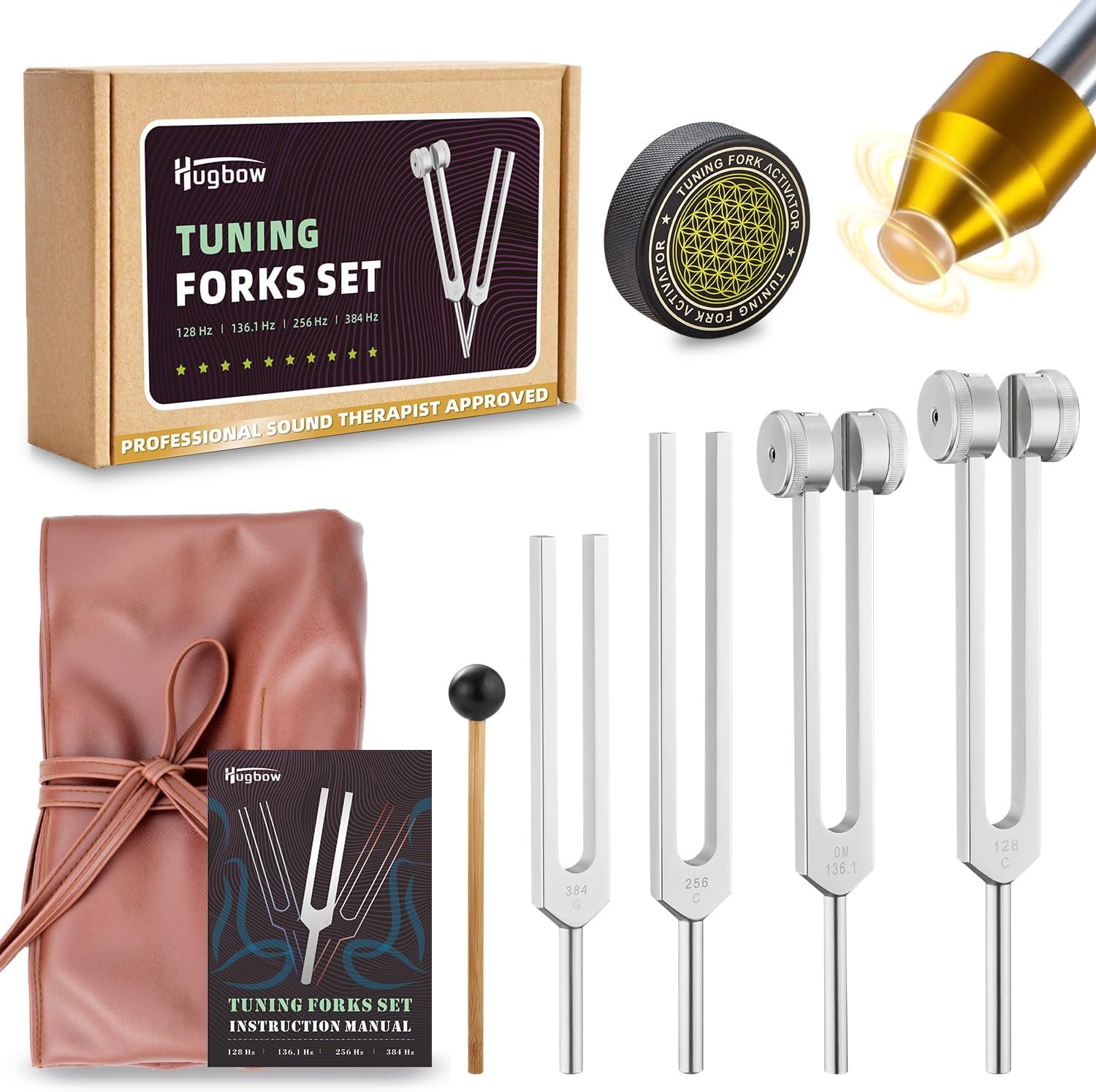Tuning Forks For Healing Set, Weighted & Unweighted Tuning Fork 128Hz, 136.1Hz, 256Hz, 384Hz, Lead-Free Aluminum Alloy, Non-Magnetic, Hockey Puck Activator & Feet, Vegan Leather Pouch