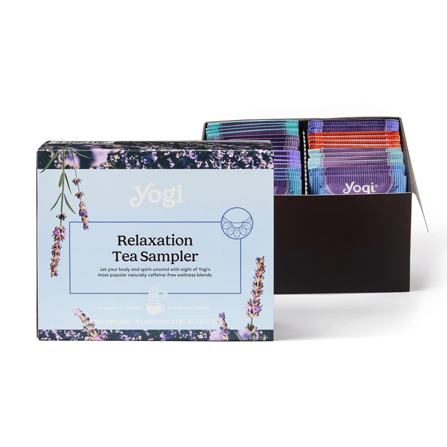 Yogi Relaxation Sampler Box (32 Tea Bags) – 8 Favorite Herbal Teas for Stress Relief & Sleep – Organic & Caffeine Free