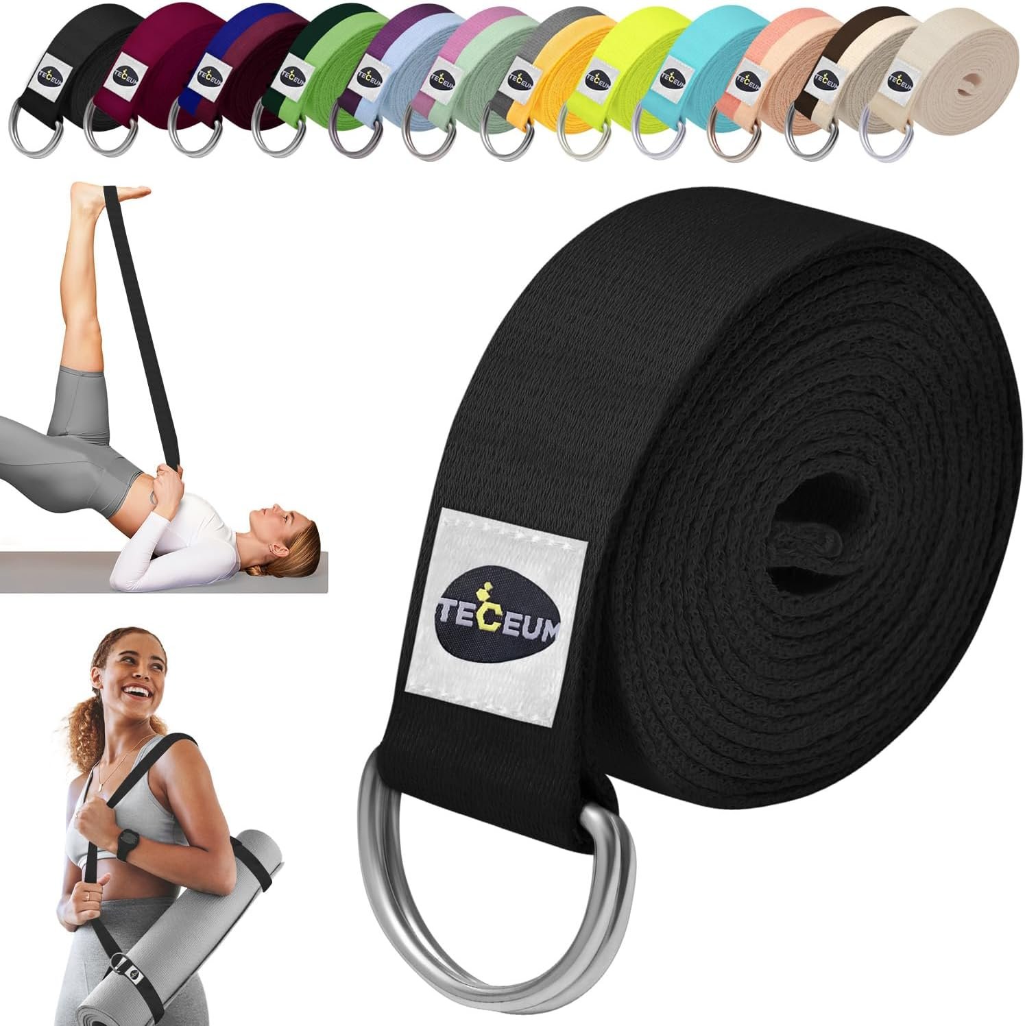TECEUM 2 IN 1 Yoga & Mat Strap for Stretching – Cotton – 6/8/10 ft | Adjustable Non-Slip Belt in 30+ Colors for Yoga, Pilates, Physical Therapy, Fitness, Home Workouts and Carrying Mats