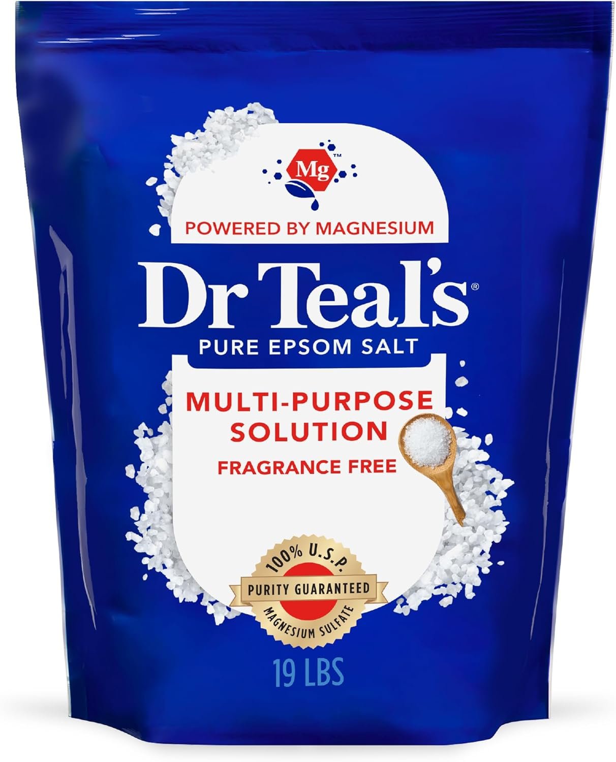 Dr Teal’s Pure Epsom Salt Multipurpose Solution, Fragrance Free, Bulk Size – 19 lbs