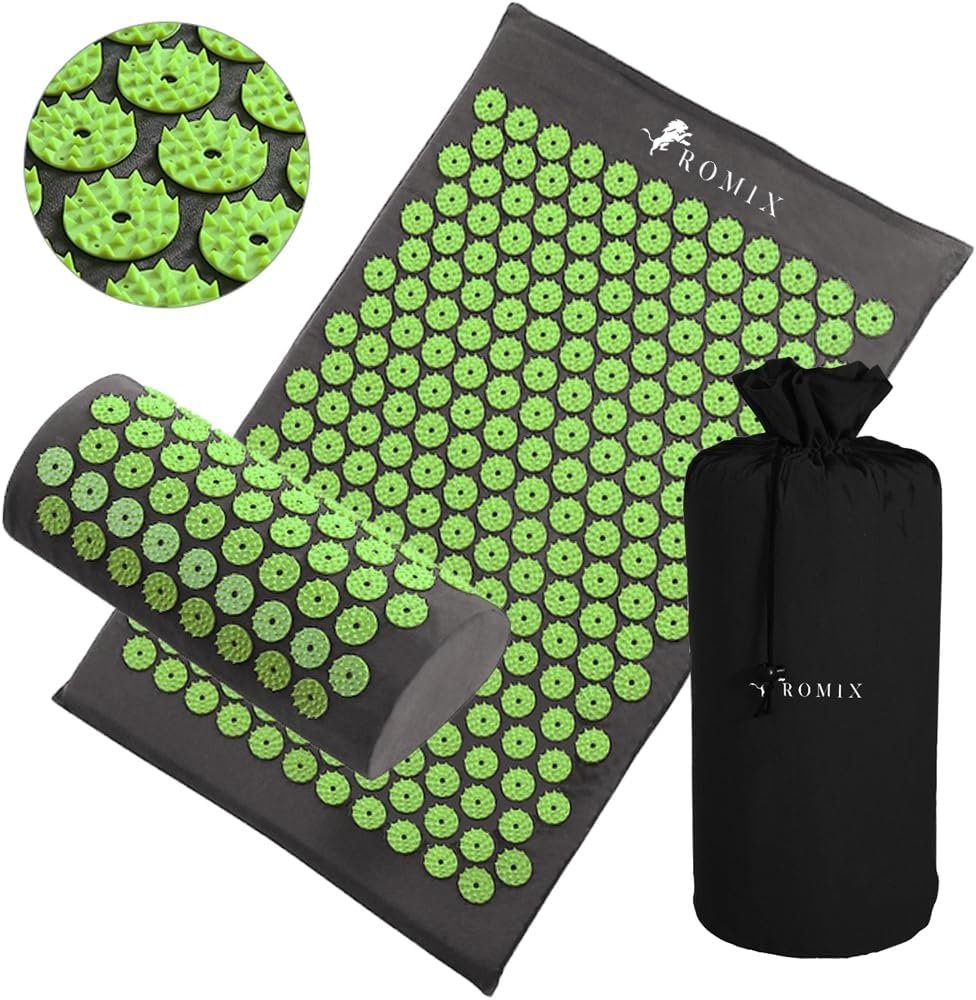 ROMIX Acupressure Mat and Pillow Set, Acupuncture Mat for Back Pain, Neck, Shoulder Pain Relief, Stress Reduction, Wellness Therapy, Cushioned Acupressure Mats with Carry Bag for Men and Women