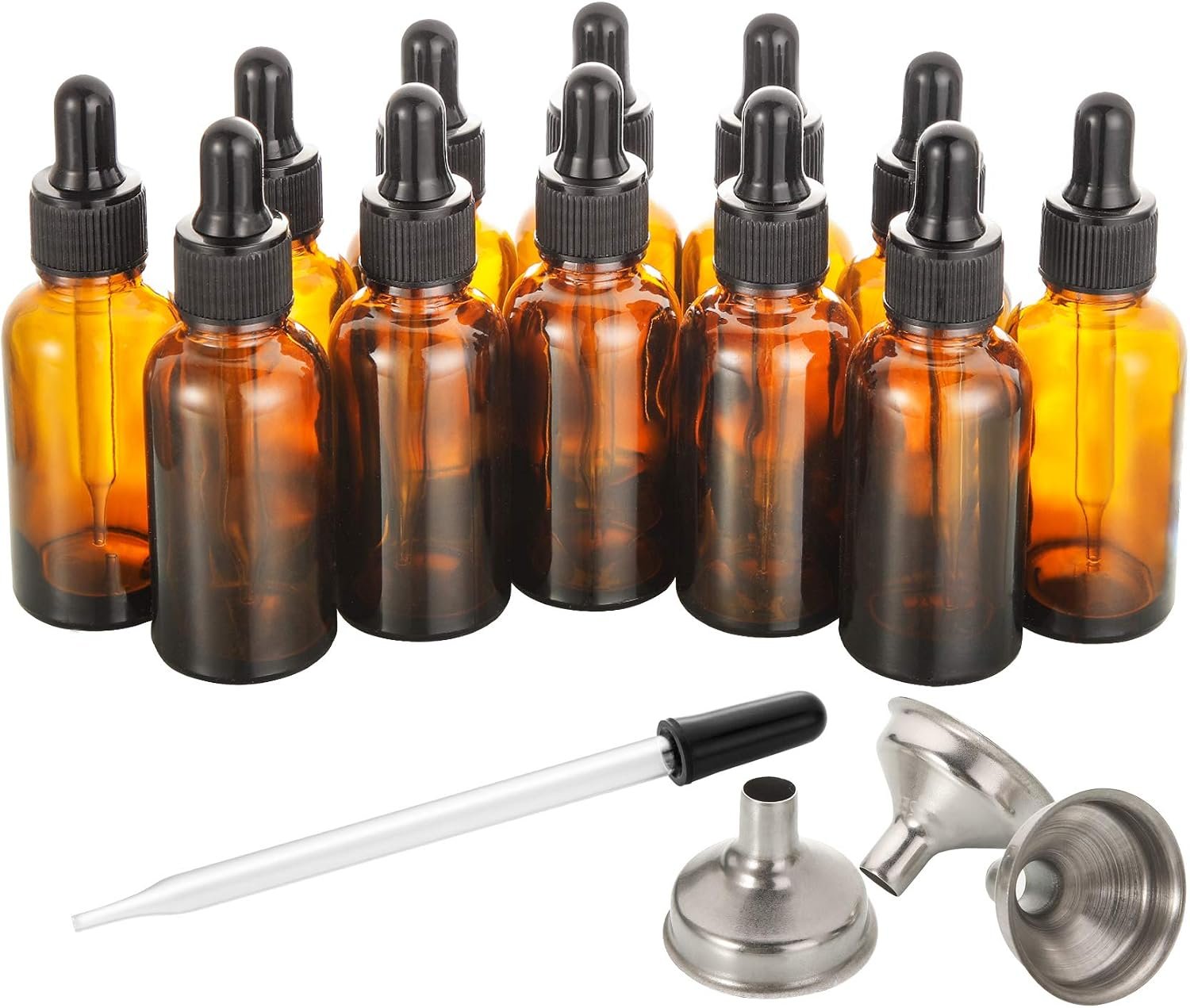 12 pcs, 1 oz Amber Dropper Bottles w/ 3 Stainless Steel Funnels & 1 Long Glass Dropper – 30ml Glass Bottles with Eye Droppers, Leakproof Essential Oils Bottle for Health, Personal Care & Beauty