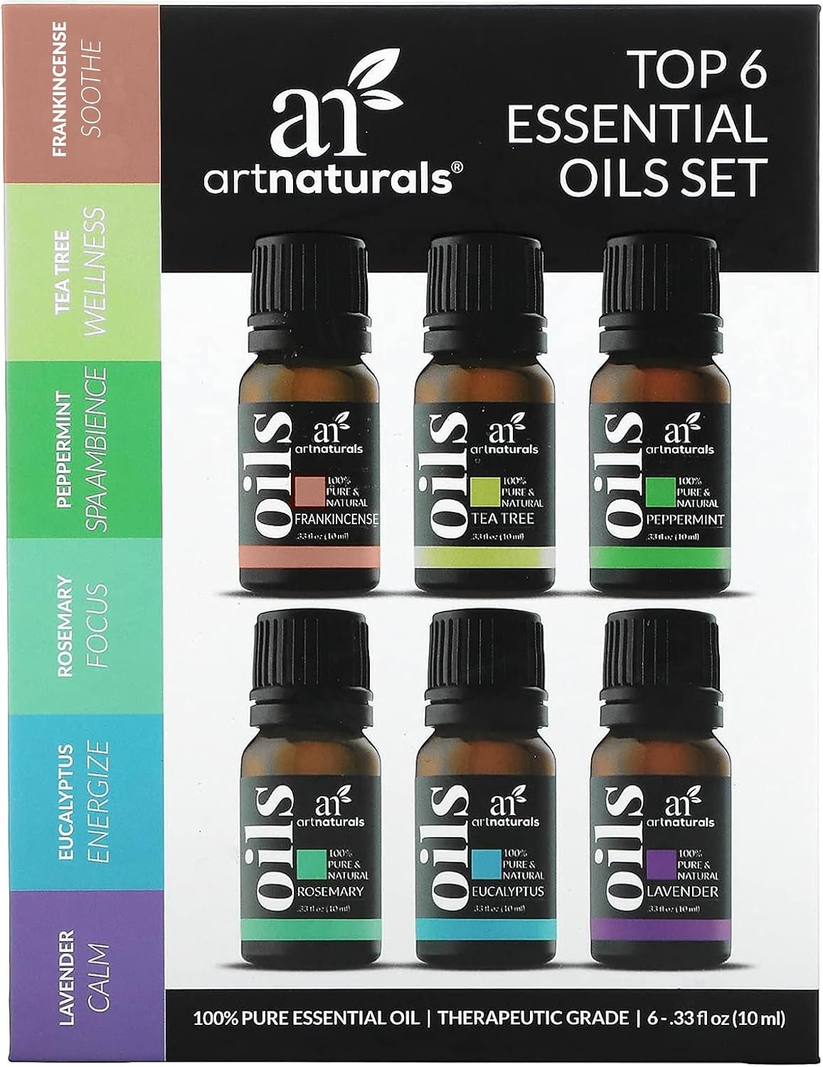ArtNaturals Top 6 Essential Oils Set – 100% Pure Aromatherapy Oils Gift Set with Lavender, Peppermint, Tea Tree, Eucalyptus, Rosemary & Frankincense, 6 x 10 ml
