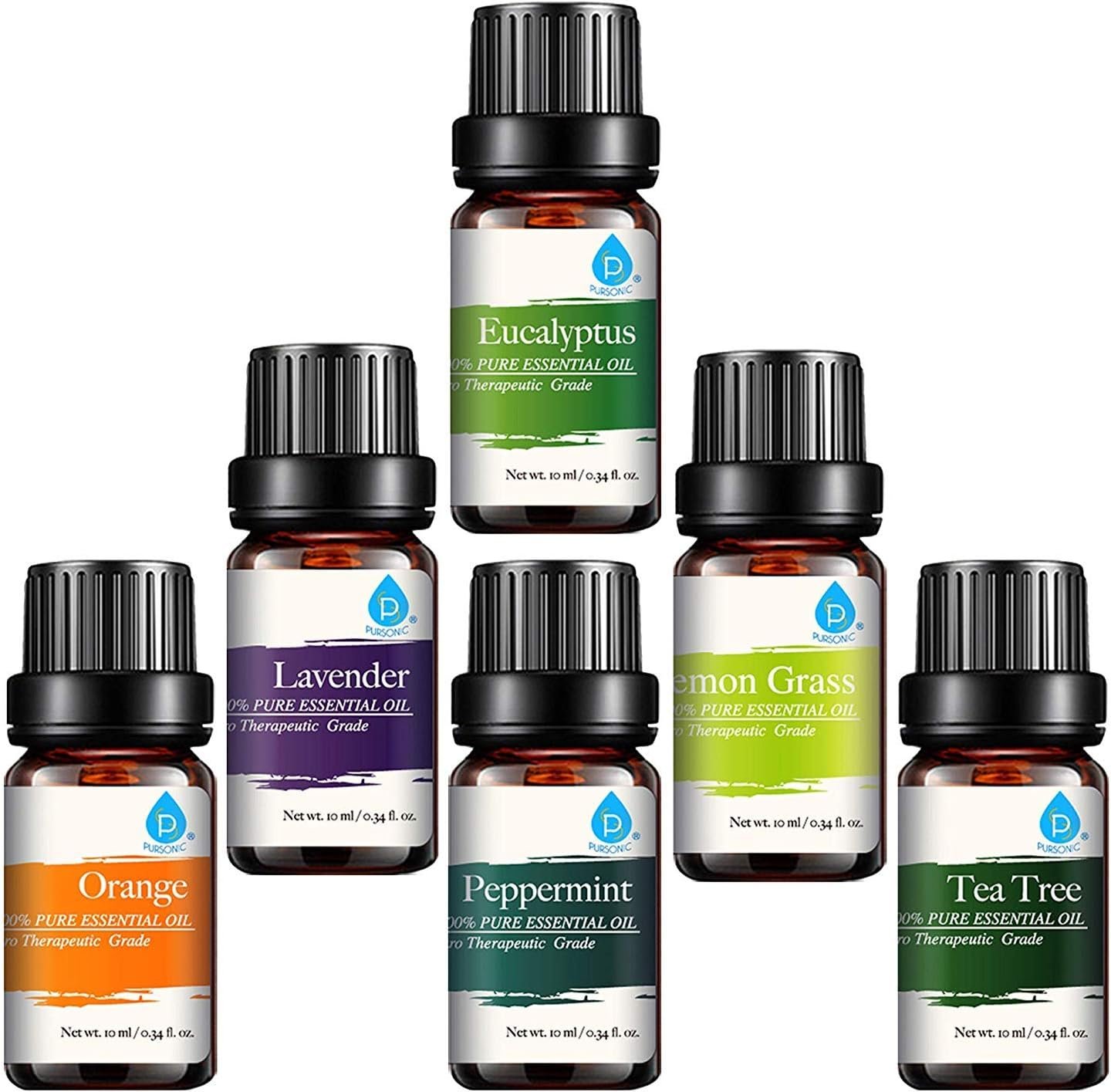Pursonic Essential Oils Set – Top 6 Aromatherapy Blends Gift Set – 10ml 100% Pure Essential Oils for Diffusers, Home, Massage, & Bath (Eucalyptus,Lavender,Lemongrass,Orange,Peppermint,Tea Tree)