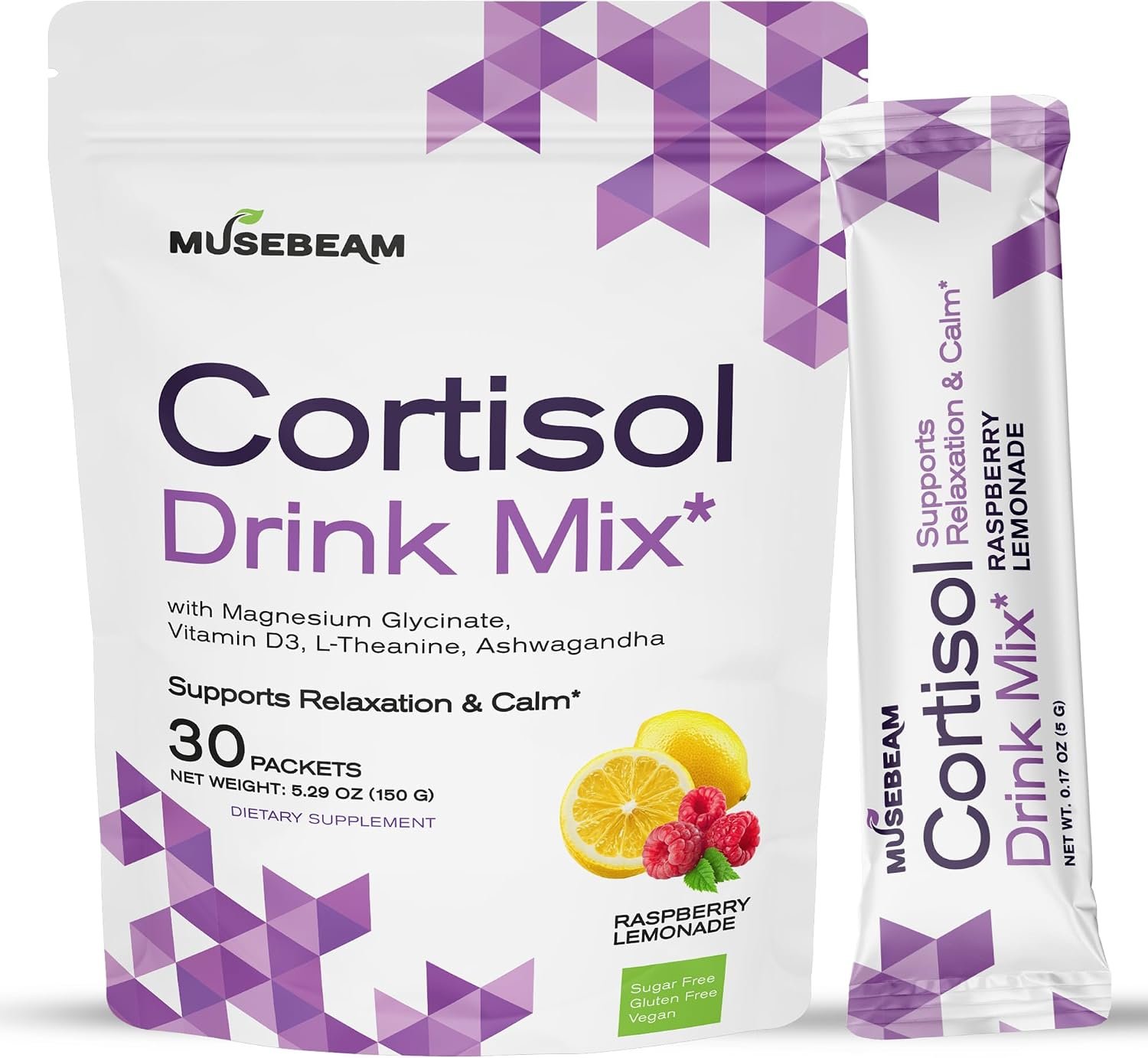 Musebeam Cortisol Calm Drink Powder Mix – Calming Stress Support Packets for Women Men with Ashwagandha Magnesium Glycinate – Relaxing Raspberry Lemonade Flavor for Healthy Cortisol Levels Relax Focus