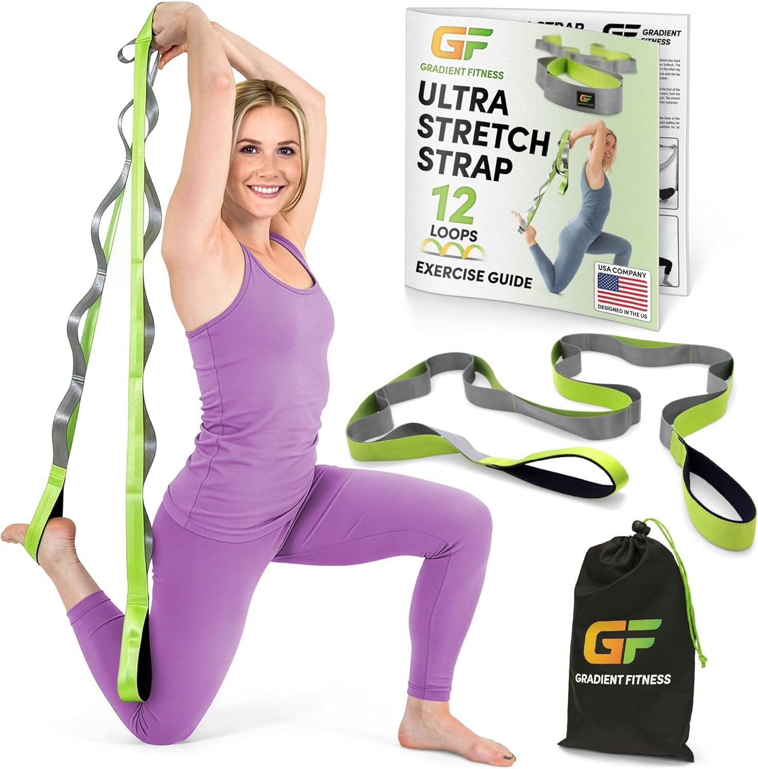 Gradient Fitness Stretching Strap for Physical Therapy, 12 Multi-Loop Stretch Strap 1.5″ W x 8′ L, Neoprene Handles, Physical Therapy Equipment, Yoga Straps for Stretching, Leg Stretcher.
