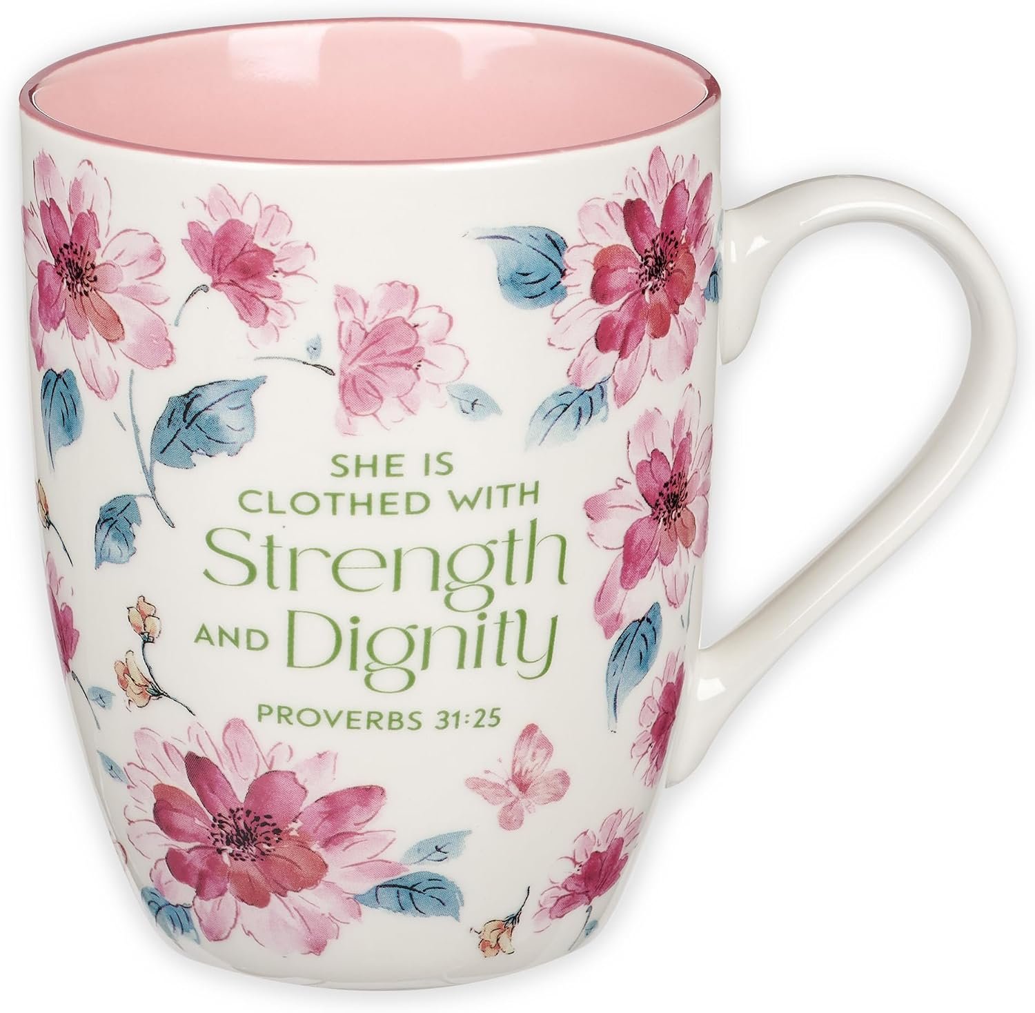 Christian Art Gifts Inspirational Ceramic Coffee & Tea Mug for Women: Strength & Dignity Encouraging Bible Verse Proverb, Microwave & Dishwasher Safe, White, Pink & Fuchsia Floral, 12 oz.