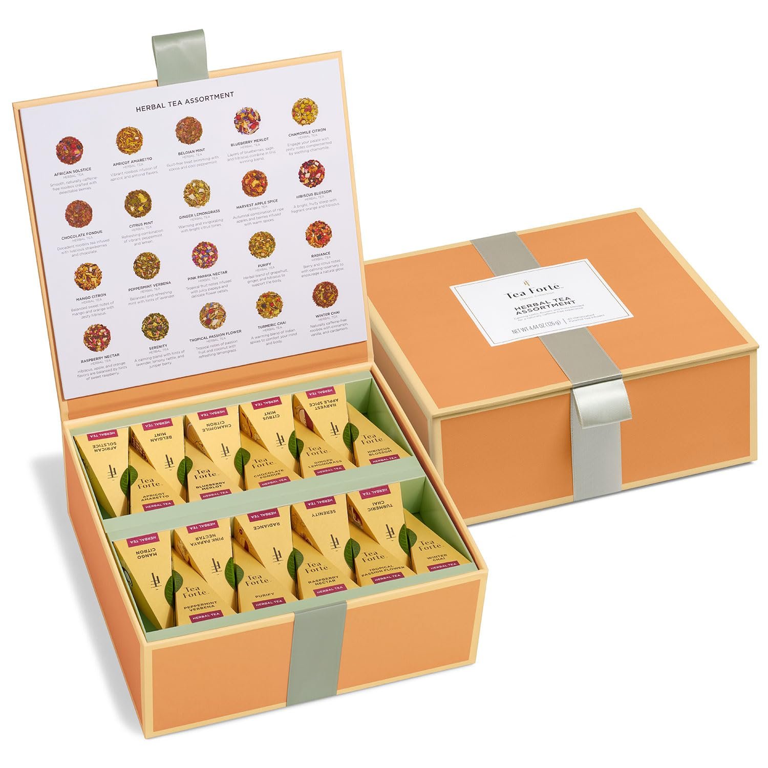 Tea Forte Premium Tea Chest Presentation Box Gift Set Sampler, 40 Count Individually Wrapped Handcrafted Pyramid Tea Infuser Bags, Herbal Variety