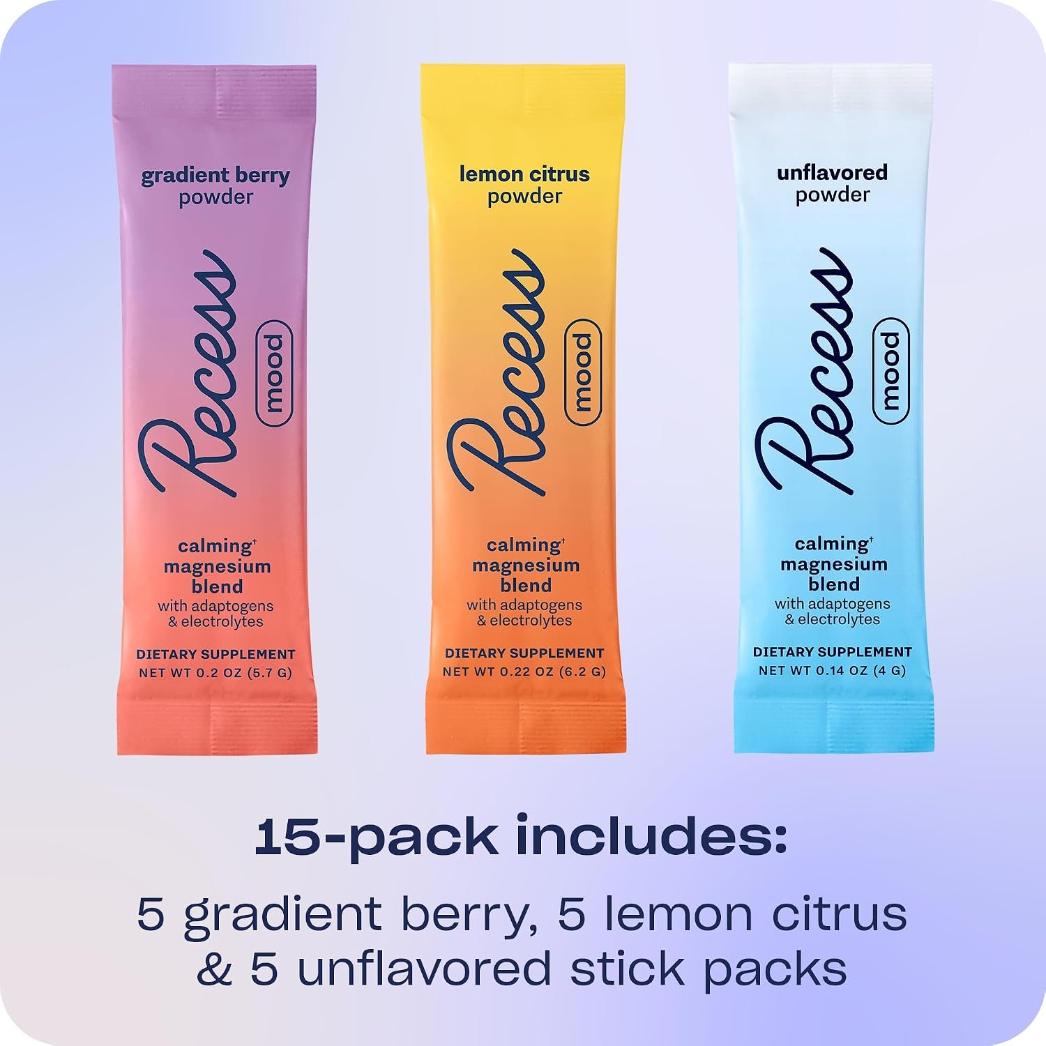 Recess Mood Powder, Magnesium L-Threonate Blend with Passion Flower, L-Theanine, Electrolytes, Magnesium Calm Support Powder Supplement -Sampler Pack, Pack of 15