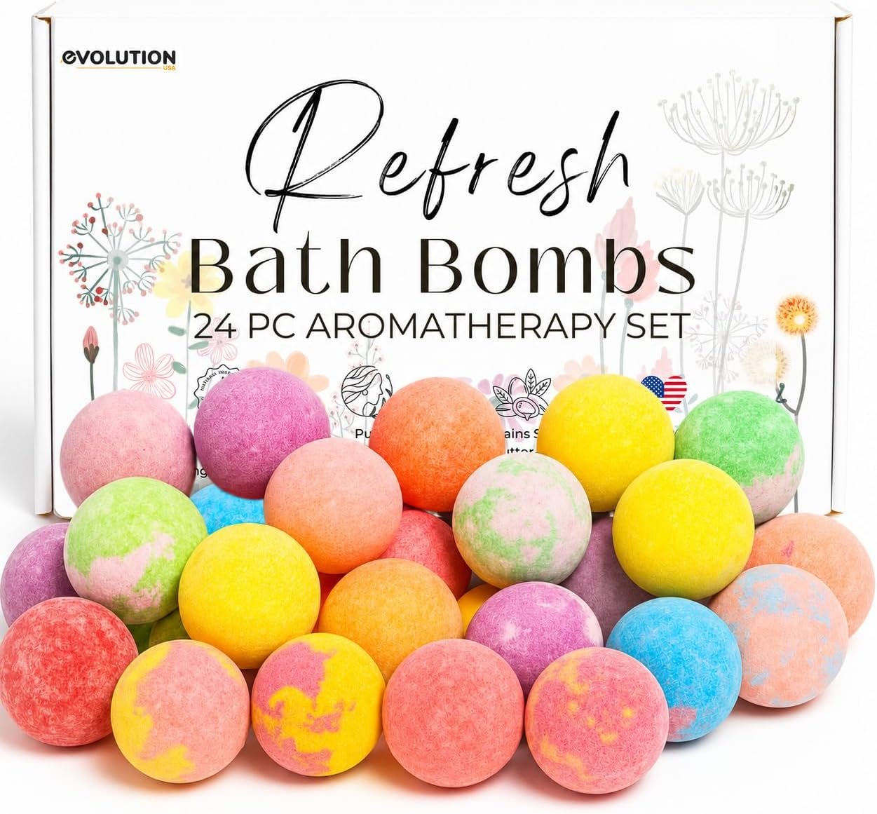 EvolutionUSA Refresh Bath Bombs for Women & Kids – 24 Bath Bombs Mini Sized, Organic Bathbomb Set, Women & Kids Bath Fizz, Luxury Gift for Mother’s Day, Easter, Valentines, Birthday or Self Care