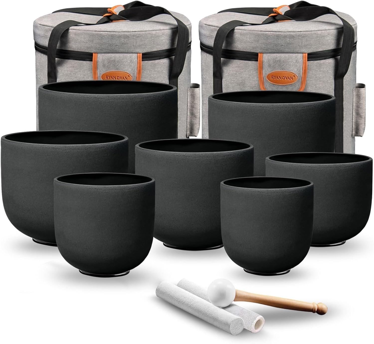 RYAN DVAN 432Hz 7-12 Inch Set of 7 Pcs Black Color Quartz Crystal Singing Bowl Chakra Set with Free 2 pcs Carrying Case