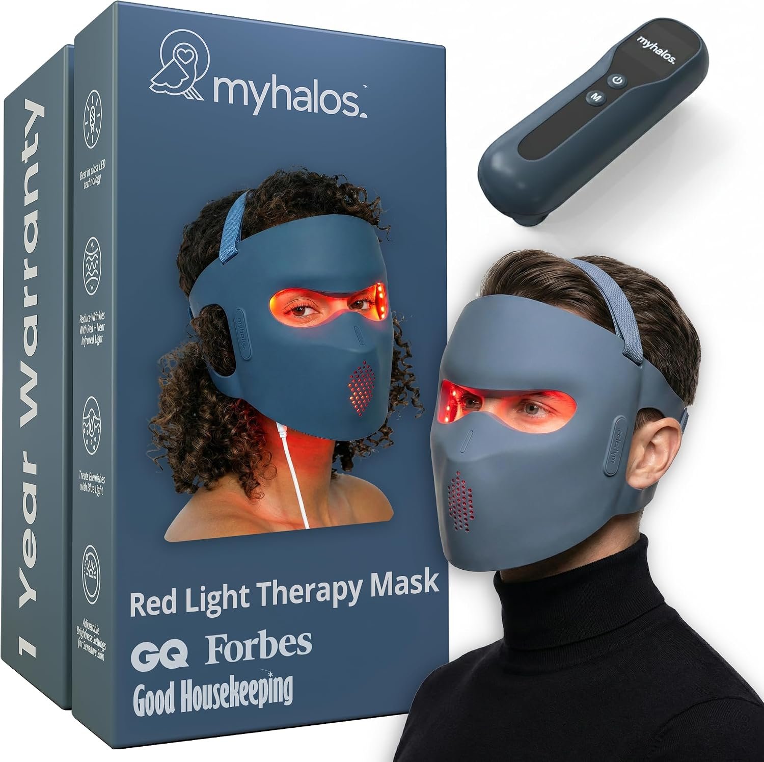 MyHalos® Red Light Therapy Face Mask – Medical-Grade LED Light Therapy Device with NIR-Infrared (1072 nm), Red (633 nm) & Blue (460 nm) Light – Anti-Aging Skin Treatment for Wrinkles & Fine Lines