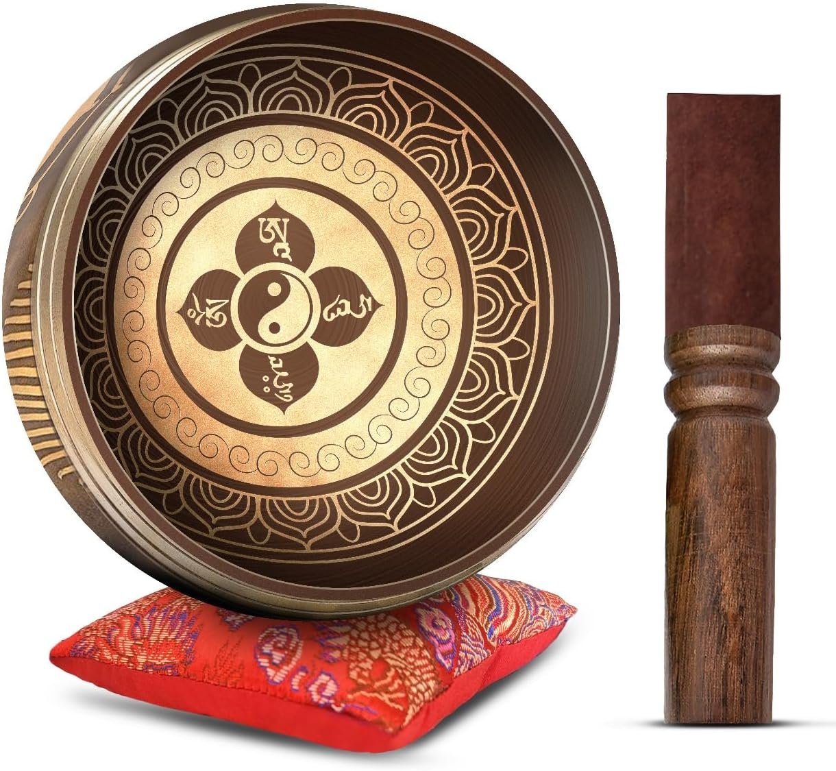 Tibetan Singing Bowl Set – Easy To Play Authentic Handcrafted For Meditation Sound Chakra Yoga Healing 4 Inches By Himalayan Bazaar (Brown and Maroon)