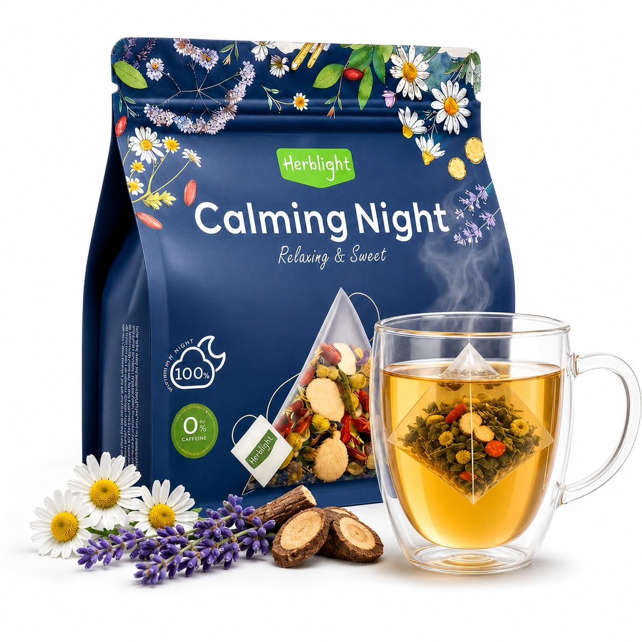 Herblight Sleep Tea with Valerian Root & Ashwagandha, Caffeine Free Bedtime Tea, Night Time Tea for Sleeping, Cortisol Calm Herbal Tea, Whole Leaf Pyramid Tea Bags, 25 Count
