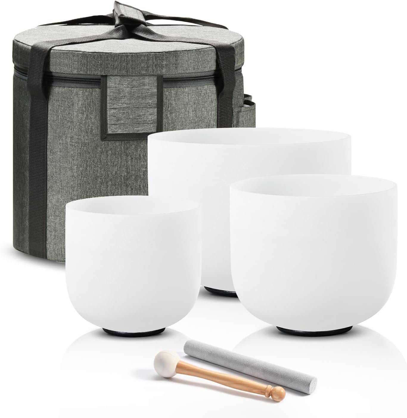 CVNC 432HZ 6″A Third-eye, 7″C Root, 8″F Heart Frosted Quartz Crystal Singing Bowl Chakra Set of 3 with Carry Case Bag for Sound Healing and Meditation