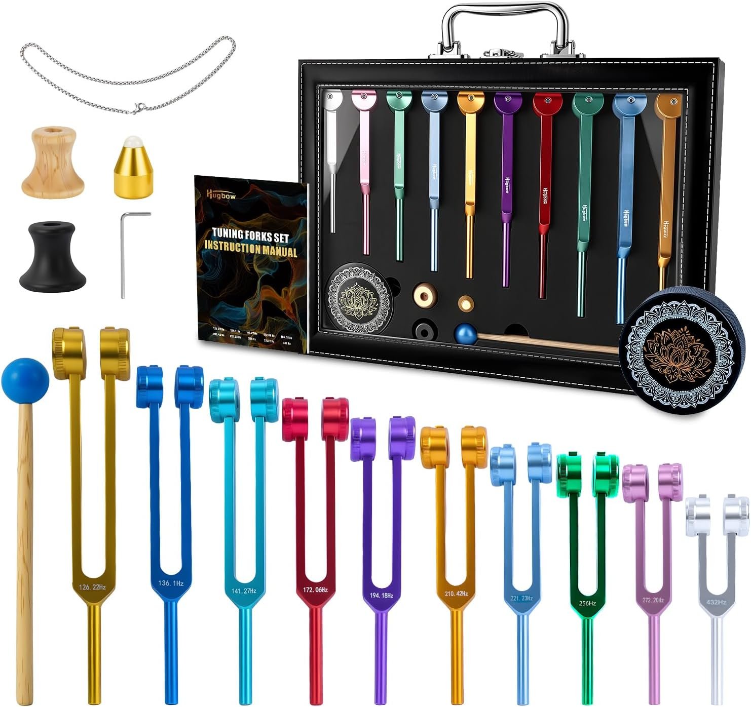 10 PCS Chakra Tuning Fork for Healing, Multi-Color Weighted Tuning Forks, Aluminum Alloy Tuning Forks with Activator & Feet (126.22-432Hz) for DNA Healing, Sound Therapy
