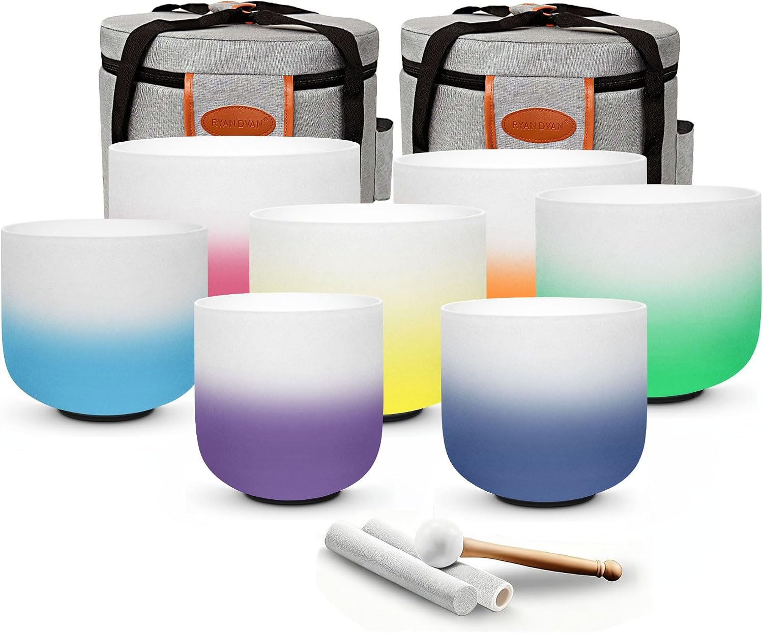 Ryan Dvan 432Hz 7″-12″ Set of 7 Crystal Singing Bowl Set ¨C Gradient Color Quartz Bowls for Chakra Healing, Meditation, Sound Bath & Yoga.Sound Therapy Tools with Suede Mallets & O-Rings.