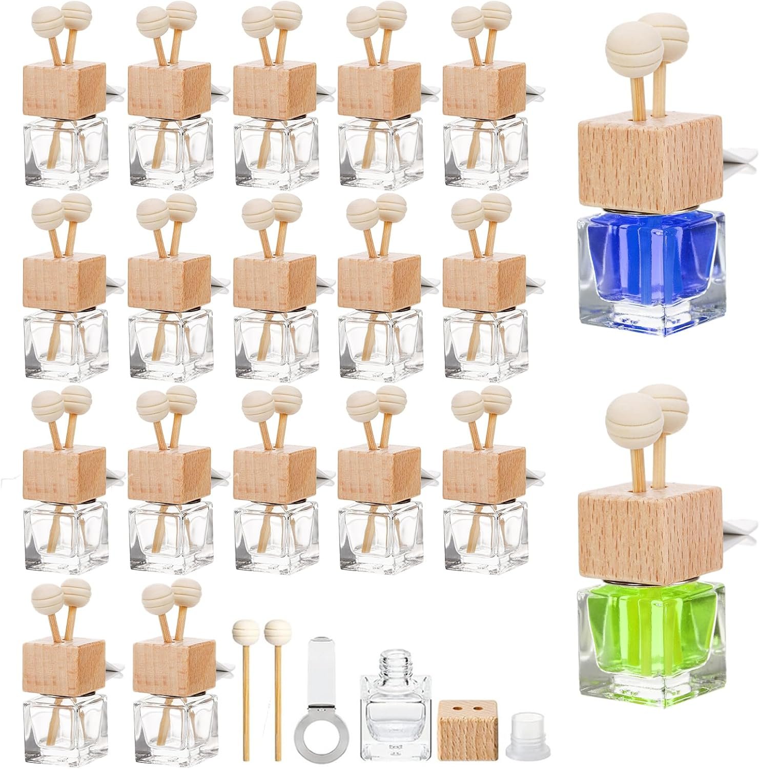 WRINGKIT 20 Pack Car Diffuser Bottles Empty, Essential Oil Diffuser Bottle with Vent Clip, Clear Glass Perfume Bottle, Wooden Cap Aromatherapy Car Air Freshener Diffuser for Auto Fragrance, Cars Decor