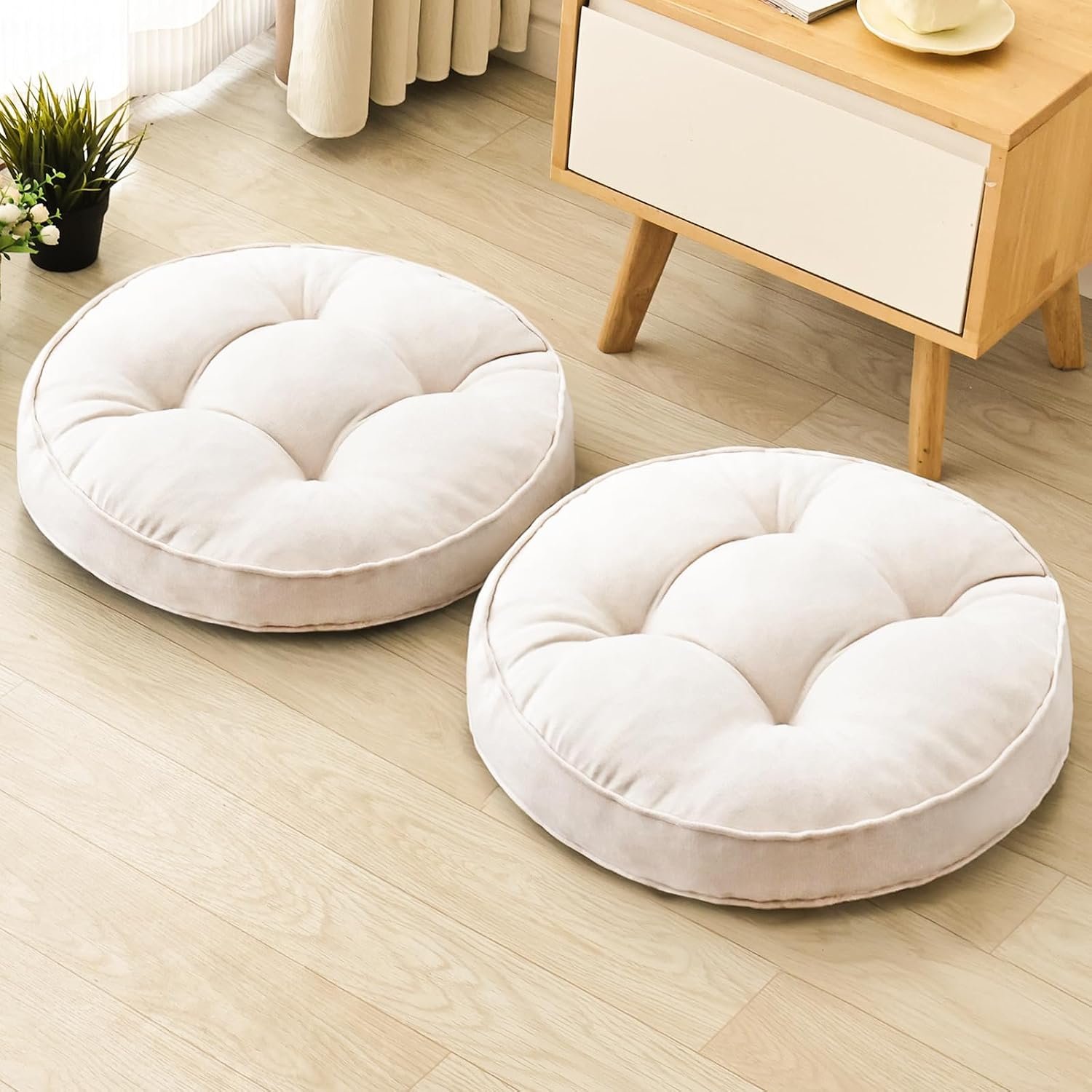 1 MIDDLE ONE Floor Pillow Set of 2, Memory Foam Floor Cushions for Adults, Large Meditation Pillow for Sitting, 22 x 22 Inches (Round | Beige)