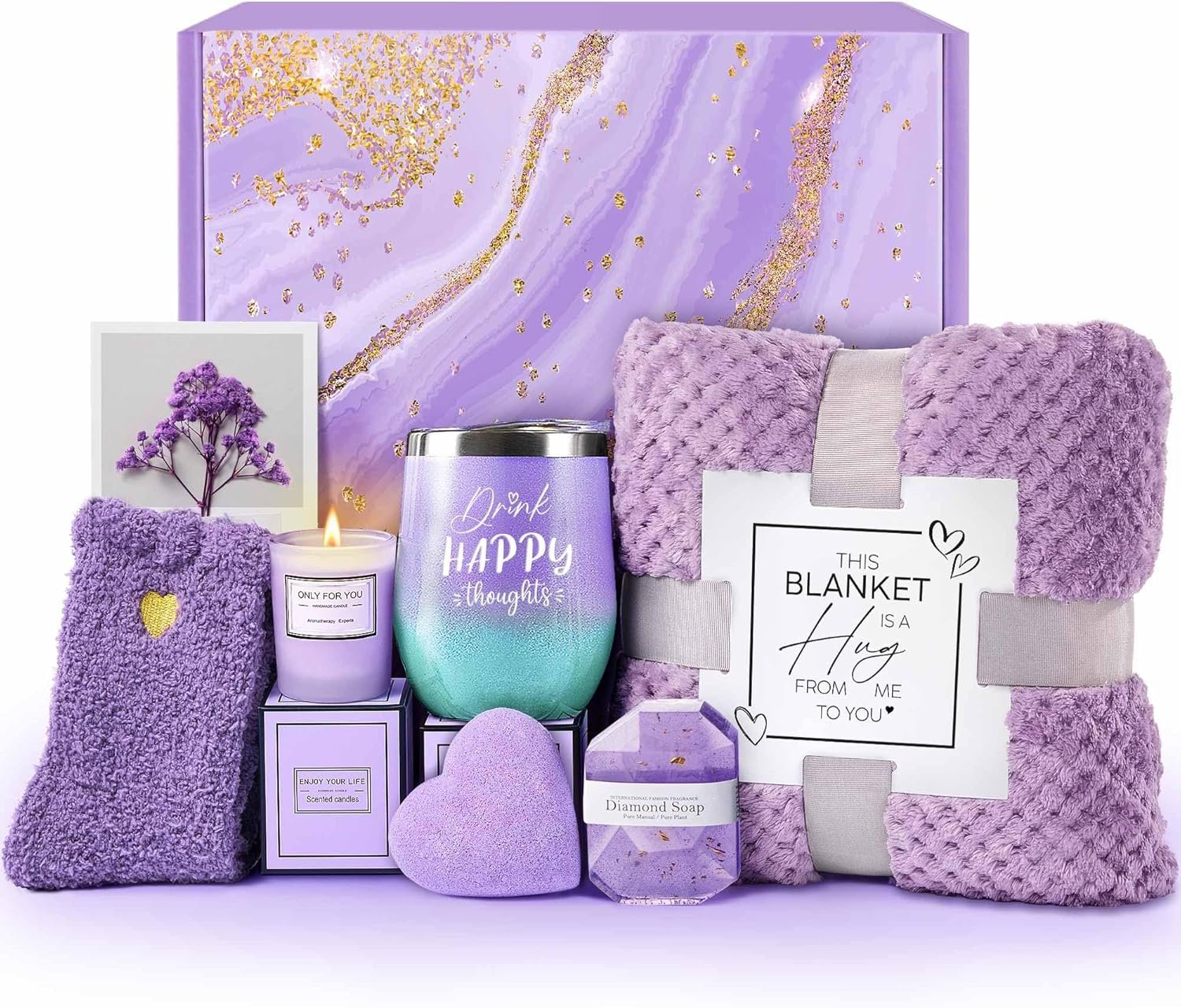 LE CADEAU Birthday Gifts for Women Mom Sister Grandma Best Friends Her, Self Care Get Well Soon Gifts, Lavender Relaxing Spa Gift Baskets Care Package w/Blanket, Mothers Day Christmas Thank You Gift