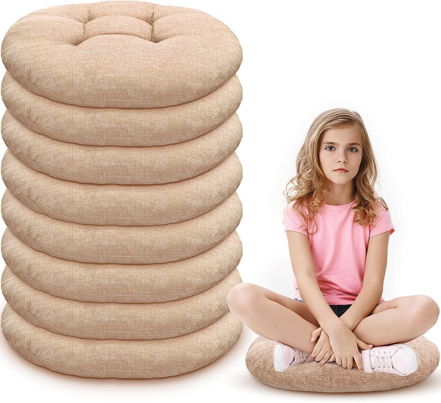 Fumete 8 Pcs 16 Inch Floor Cushions Pillow for Kids Bulk Classroom Round Flexible Seating Floor Cushions for Students Home Daycare School Reading Corner Yoga Meditation Picnic (Flax)