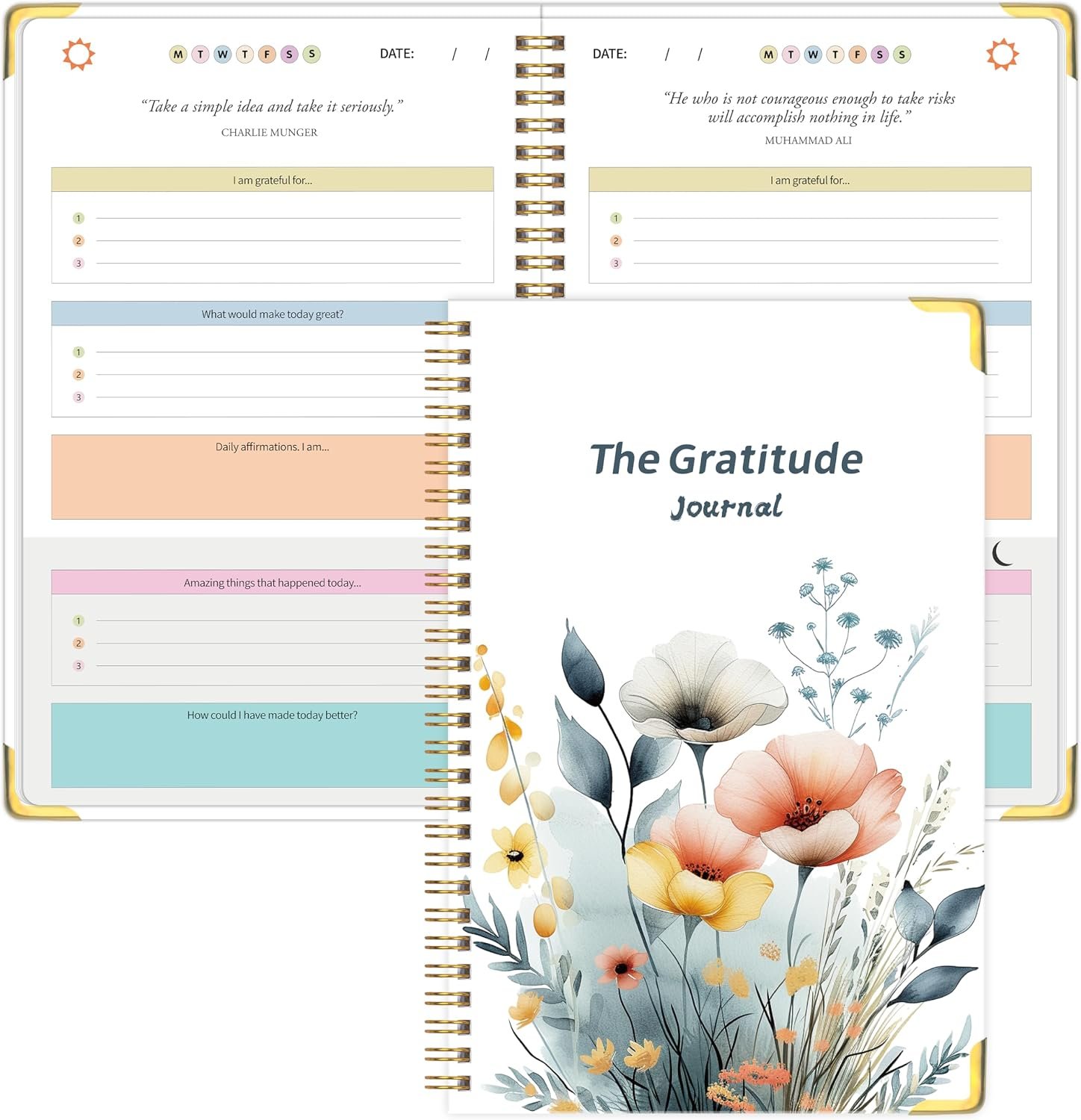 Gratitude Journal for Women, 5 Minute Daily Gratitude Practice, 5.9″x8.6″ | Undated, Hardcover with Metal Corner, Prompts & Quotes, Spiral Bound, No-Bleed Paper, Affirmation, Reflection & Self Care