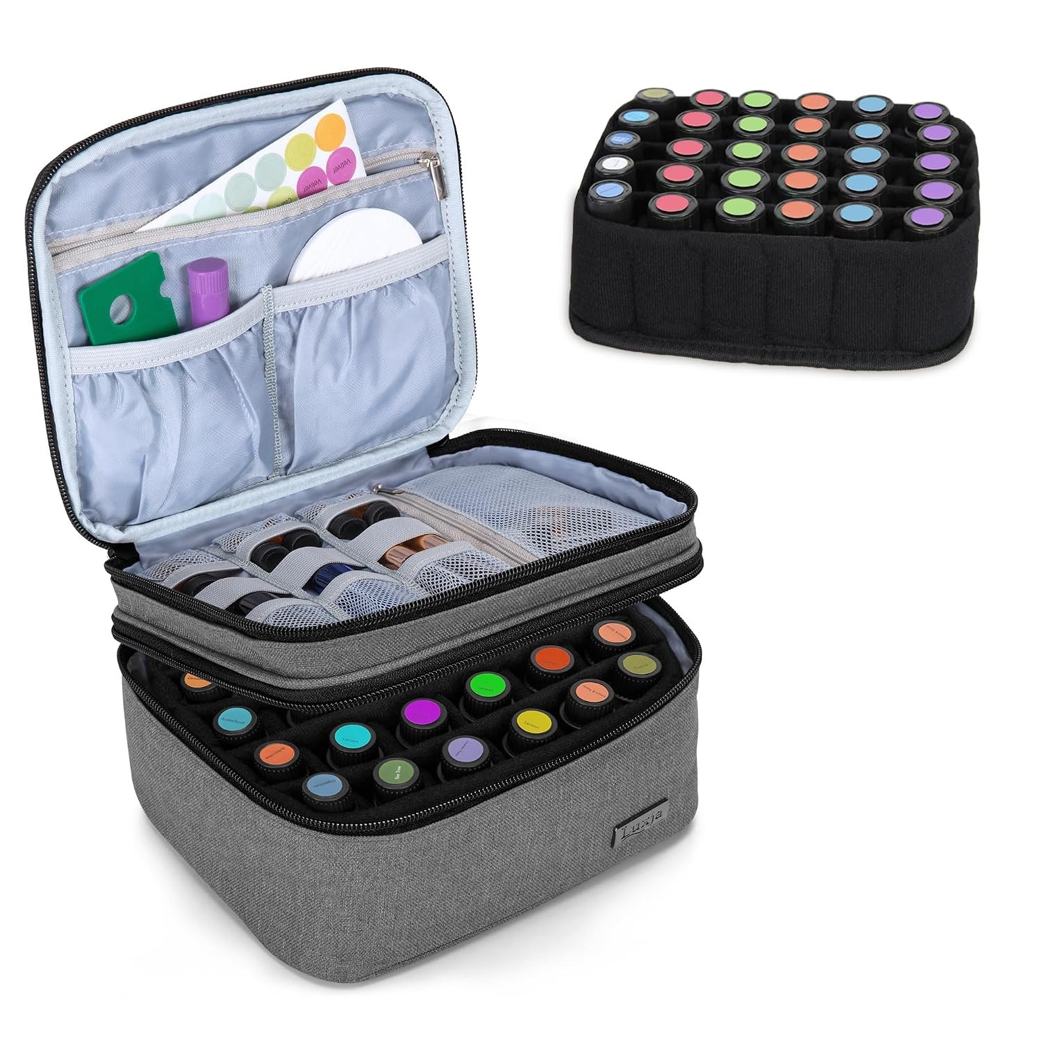 LUXJA Double-Layer Essential Oil Carrying Case Holds 30 Bottles, Gray | Fits 5ml-30ml & Roller Bottles, Storage for Oil Accessories, Bag Only