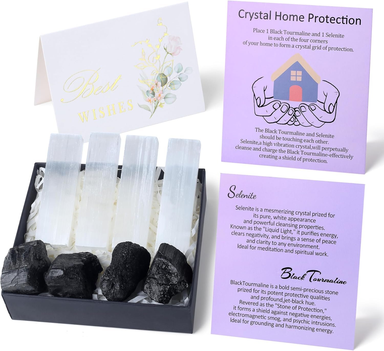 QINJIEJIE Protection Crystals Healing Stones Set – 8 PCS Large Raw Black Tourmaline, Selenite for Spiritual Protection | Real Authentic Crystals in Box Guide Booklet, Metaphysical Gifts for Women Men