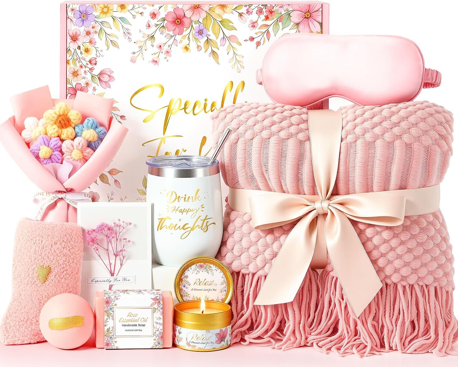 Birthday Gifts for Women,Mothers Day Gifts for Mom,Valentines Day Gift for Her,Self Care Spa Gift Basket with Blanket Candle Bath Bomb,Relaxing Spa Set,Get Well Package,for Mom Wife Sister Best Friend