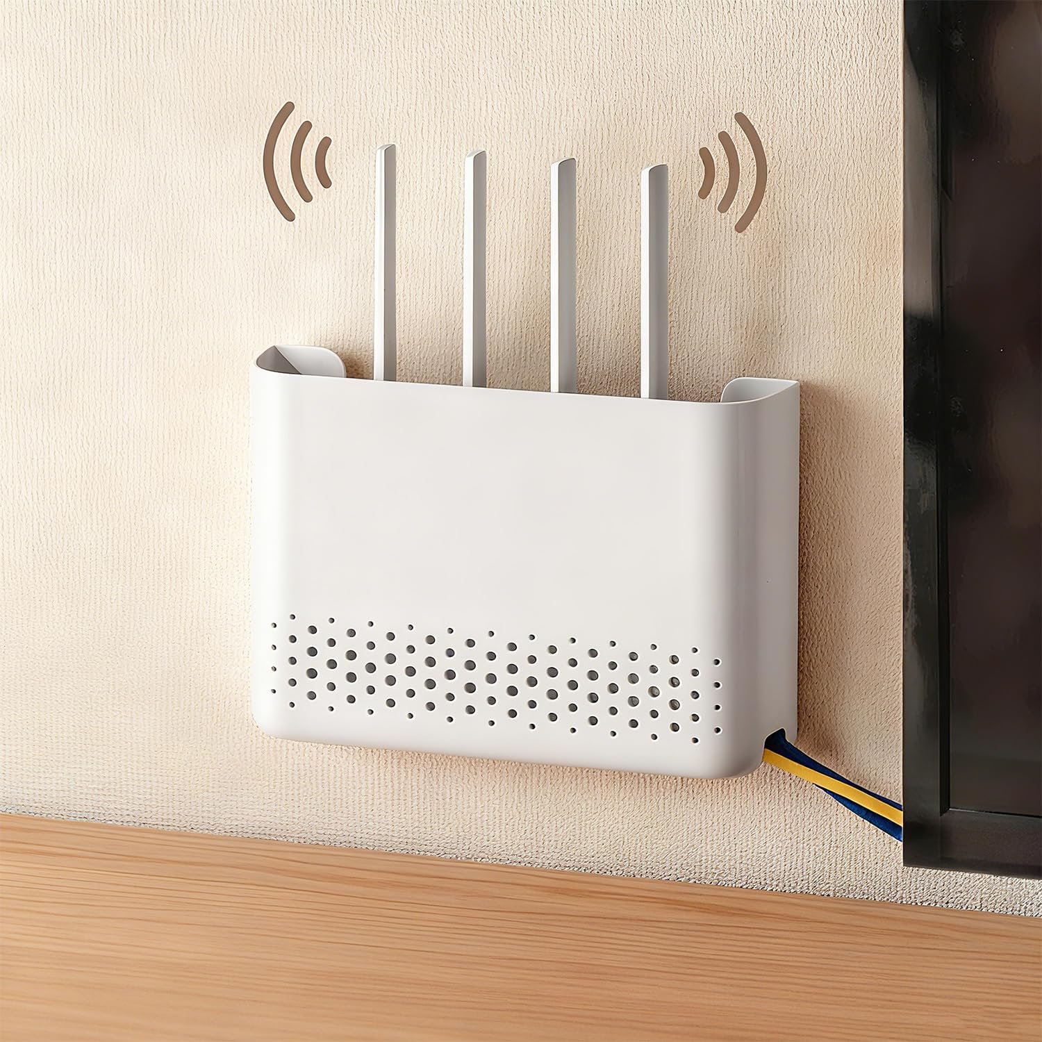 Wall Mounted Router Storage Box – No-Drill WiFi Router Organizer with Heat Dissipation Holes, Cable Management Box for Living Room, Bedroom, Study, Dorm, Apartment