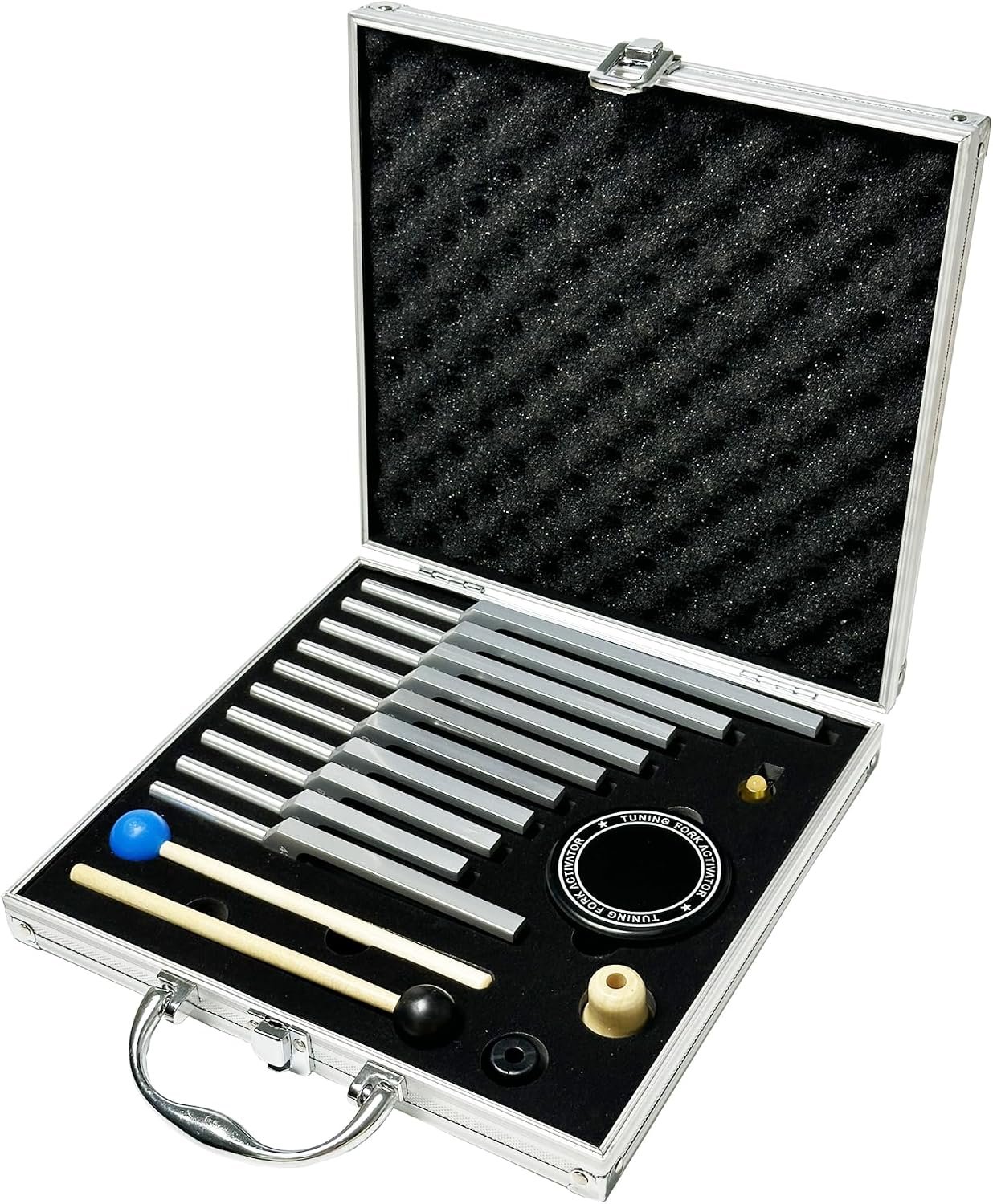 Solfeggio Tuning Fork Set – 10 Silver Tuning Forks Perfect for DNA Healing with Exquisite Aluminum Gift Box (174 Hz, 285 Hz, 396 Hz, 417 Hz, 432Hz, 528 Hz, 639 Hz, 741 Hz 852 Hz, 963 Hz)