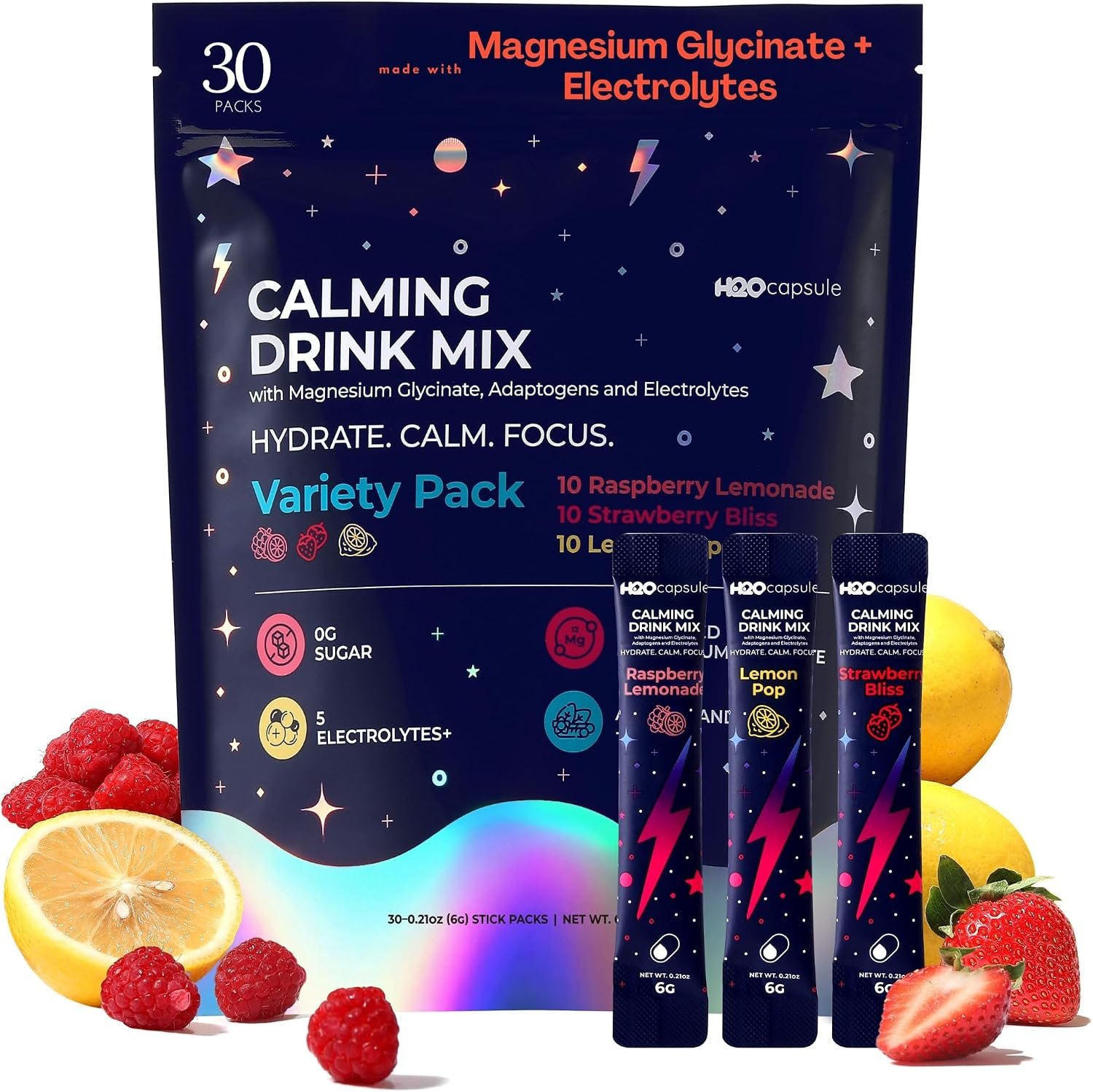 Calm Magnesium Glycinate Powdered Drink Mix with Electrolytes – Sugar Free with Ashwagandha, L-Theanine, Vitamin B6 & GABA – Cortisol Support, Stress Relief, Hydration & Focus – 30 servings (Variety)