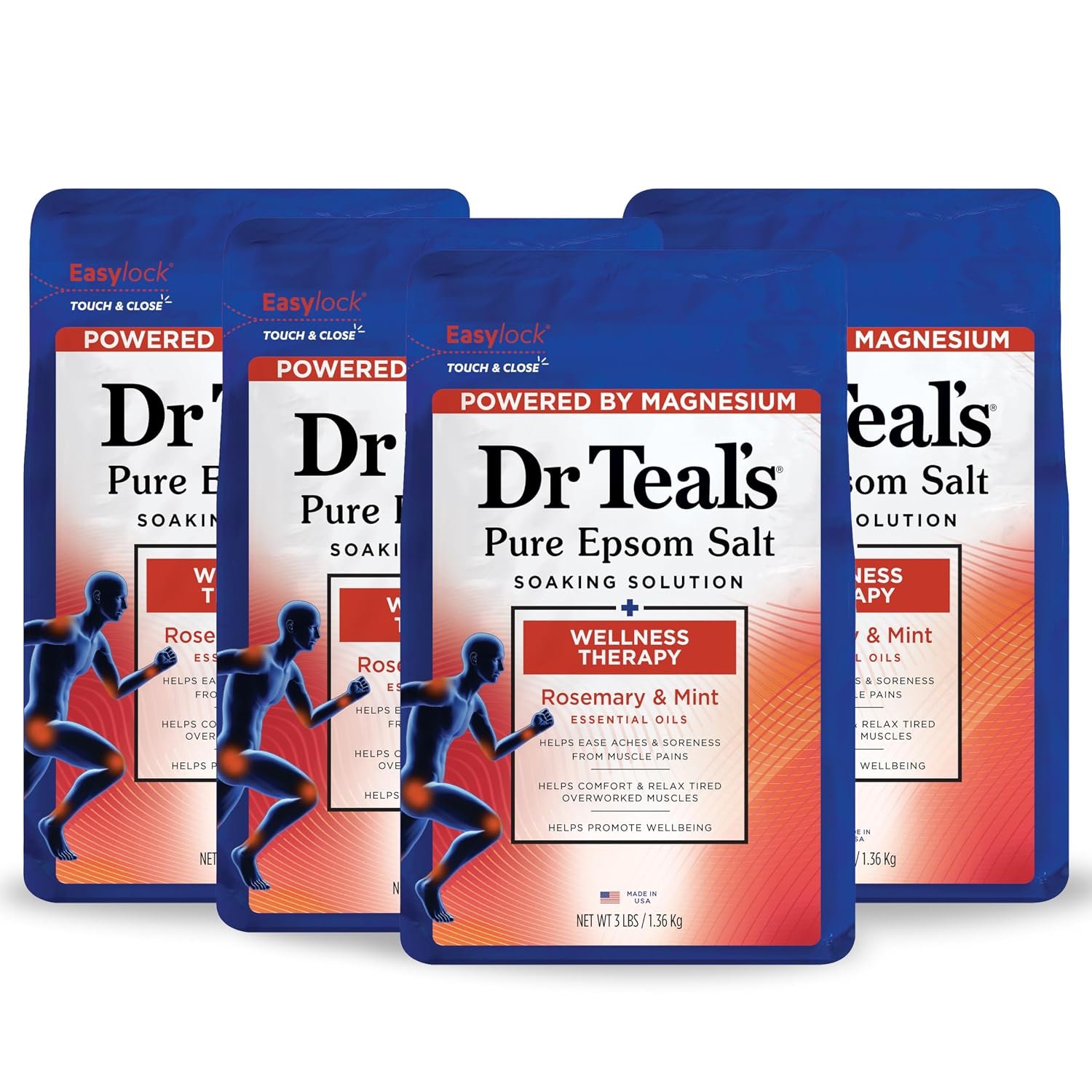 Dr Teal’s Pure Epsom Salt Soak, Wellness Therapy with Rosemary & Mint, 3 lbs (Pack of 4)