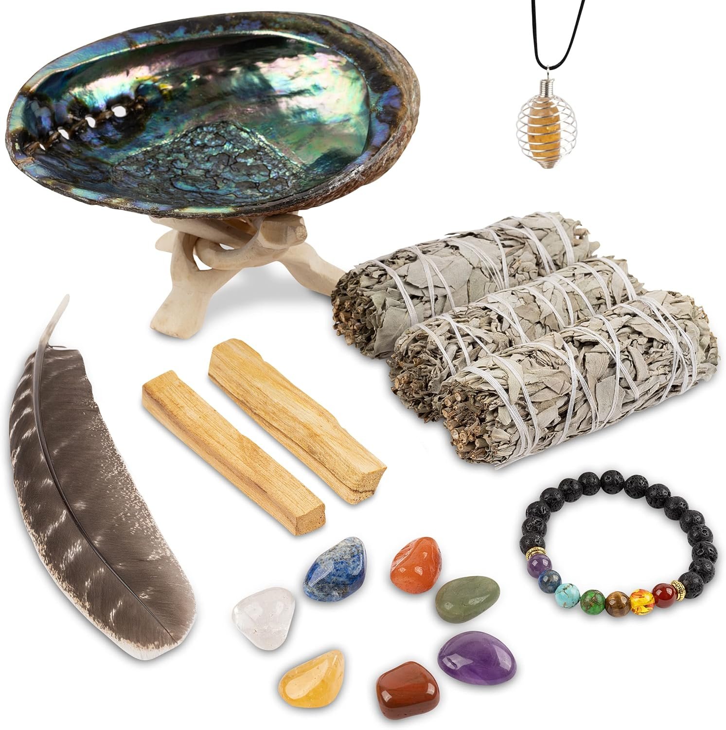 Wish Well Sage Smudge Kit – 3 White Sage Sticks, 2 Palo Santo Sticks, Abalone Shell, Stand, Smudging Feather, 7 Chakra Stones & Crystal Bracelet ~ Sage Incense Sticks for Cleansing House & Meditation