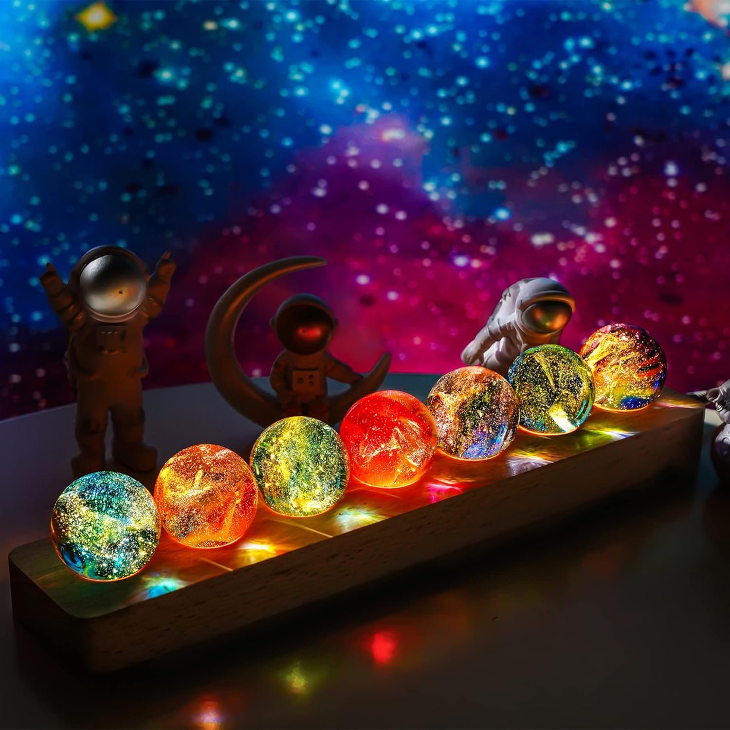 7 Chakra Natural Healing Crystal Spheres with LED Wooden Stand | 40mm Crystal Chakra Balls for Meditation Positive Energy Night Light Decoration