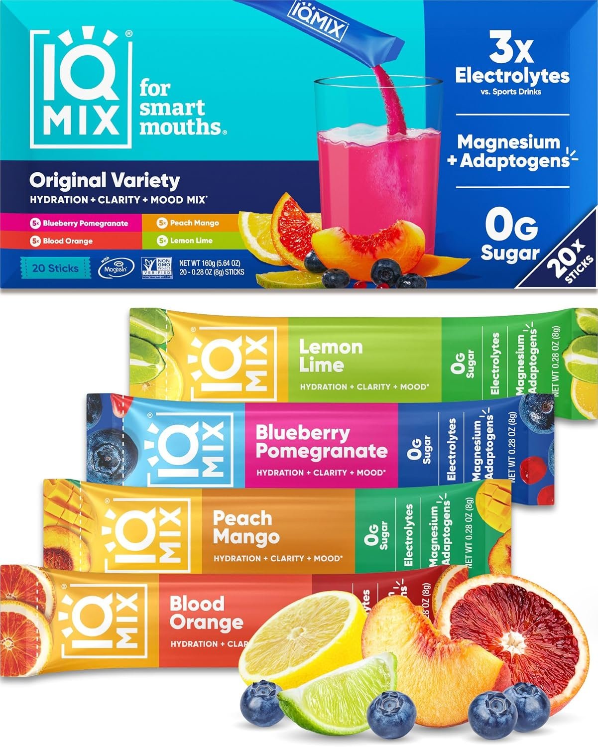IQMIX Electrolyte Powder, Variety, 20-Count | Sugar-Free Hydration Mix | 4-in-1 Formula: Lion’s Mane + Magnesium L-Threonate For Focus, Mood, Recovery. Keto, Vegan, Zero Sugar