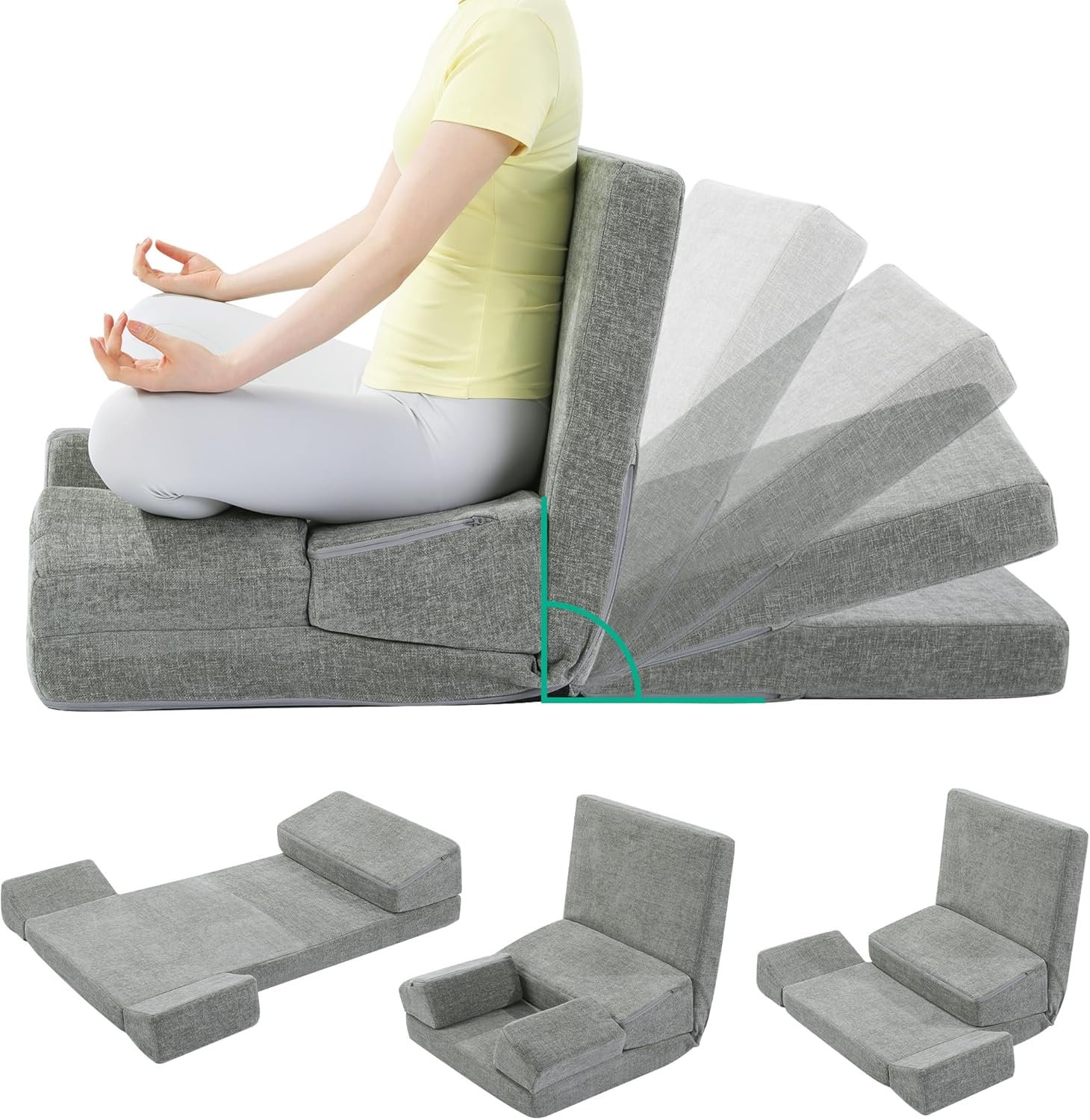 HOMBYS Pro Meditation Cushion Set with Adjustable Back Support, Large 3-in-1 Floor Sitting Chair for Yoga & Meditation, Extra Thick Yoga Pillows for Adults with Knee Support, Grey