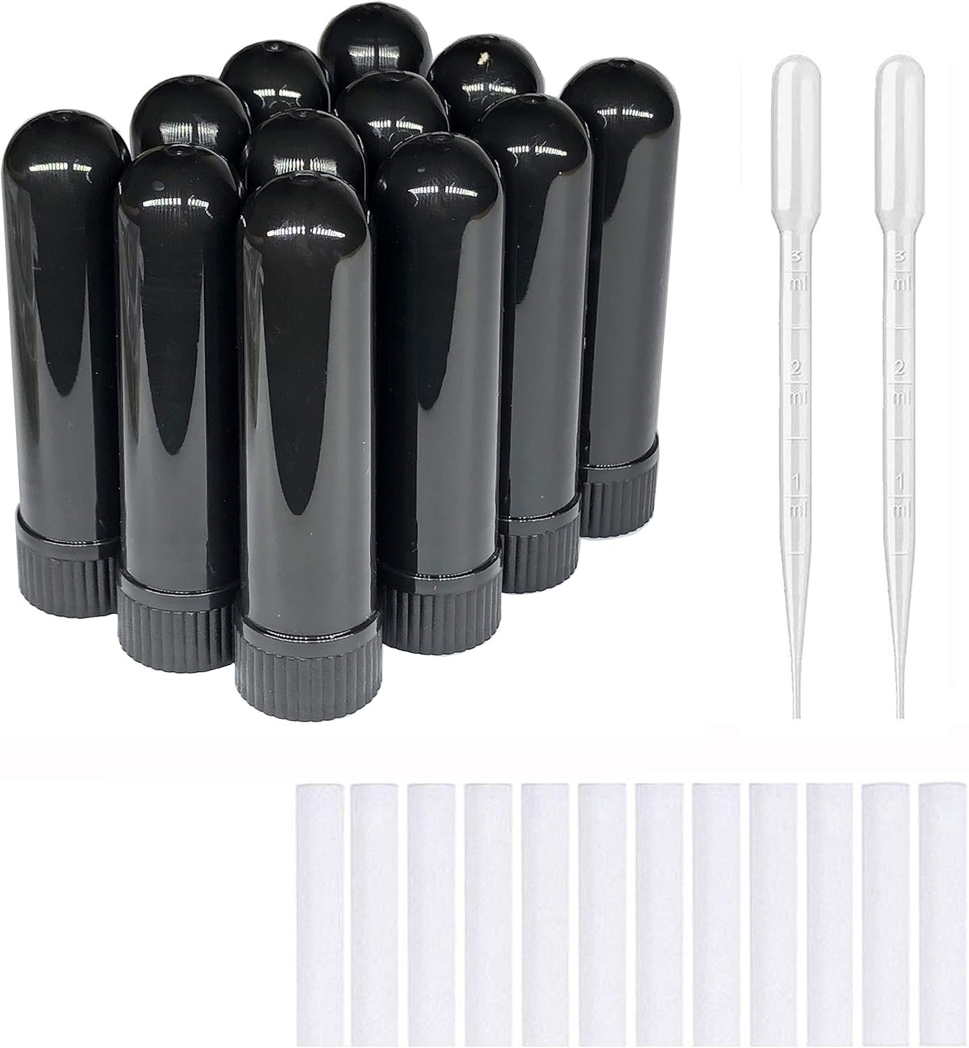 12PCS Essential Oil Aromatherapy Blank Nasal Inhaler Tubes (Includes 12 inhalers+12 unscented Wicks+2 Plastic Droppers)-Black.
