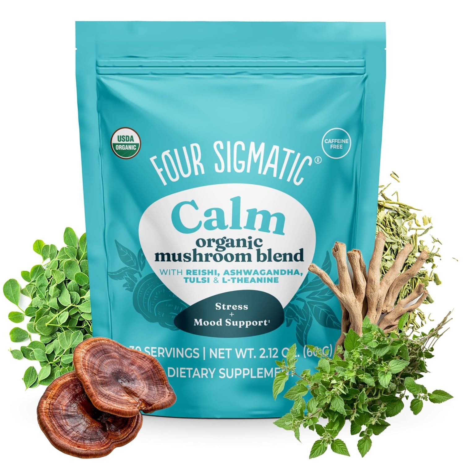 Four Sigmatic Calm Mushroom Blend | Adaptogen Supplement with Ashwagandha, Reishi, Tulsi, Cordyceps, Chaga, Rose Hips, and More | Natural Stress Relief and Immune Support Supplement | 30 Servings