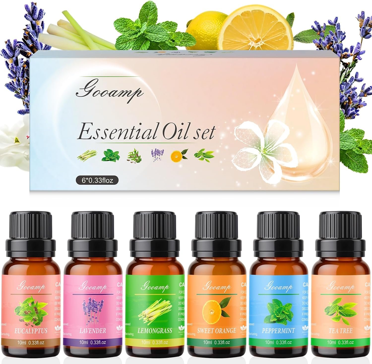 Essential Oils Set-Top 6 Organic Blends for Diffusers,Candle Making,Aromatherapy,Humidifiers,Gifts – Peppermint,TeaTree,Lavender,Eucalyptus,Lemongrass,Orange(6X0.33 fl oz)