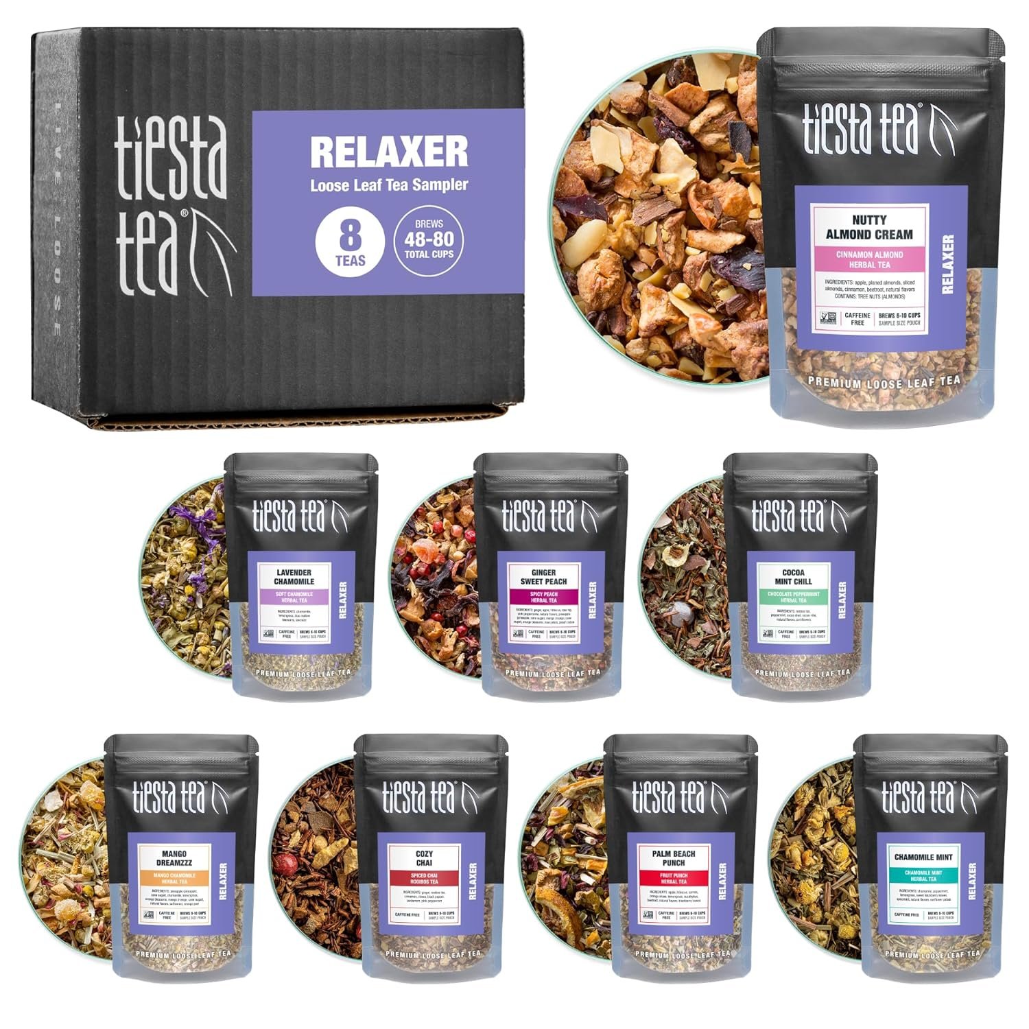 Tiesta Tea – 8 Herbal & Rooibos Sampler Dry Flight Set, Loose Leaf, No Caffeine, Makes Hot and Iced, Assorted Tea Sets with Herbal, Chai, Fruit Blends & More, 8 Resealable Sample Pouches