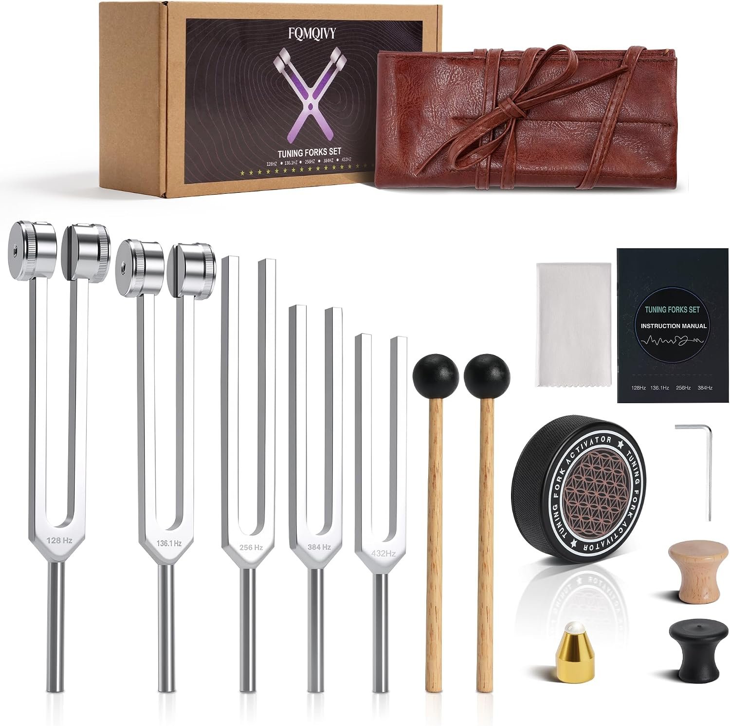 Tuning Forks for Healing Set – 128Hz 136.1Hz 256Hz 384Hz 432Hz, Weighted & Unweighted Tuning Forks with Vegan Leather Pouch & Activator, 128 Hz Tuning Fork for Chakra, Yoga, Meditation & Gift