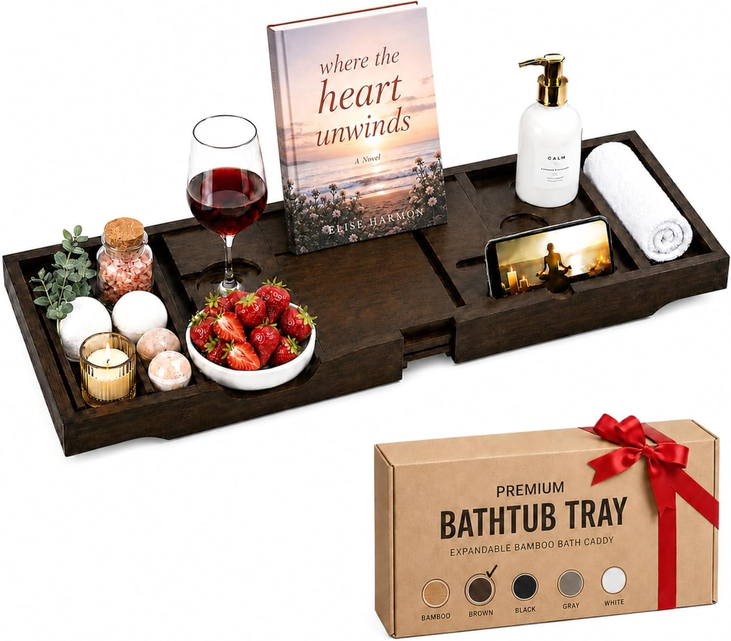 Bambüsi Bathtub Tray for Tub – Brown Bamboo Bath Tray, Expandable Wooden Bath Caddy Tray with Wine Holder, Book and Tablet Stand, Bathroom Accessories, Tub Table, Spa Bath Gifts for Women and Couples