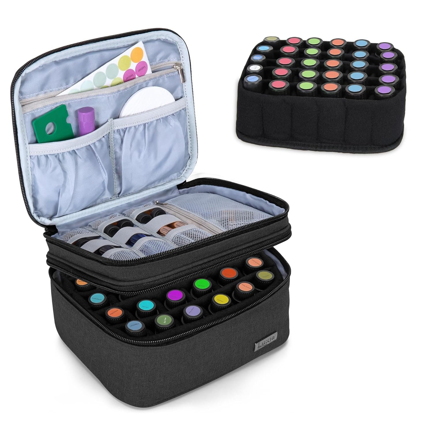 LUXJA Essential Oil Carrying Case – Holds 30 Bottles (5ml-30ml, Also Fits for Roller Bottles), Double-Layer Organizer for Essential Oil and Accessories, Black (Bag Only)